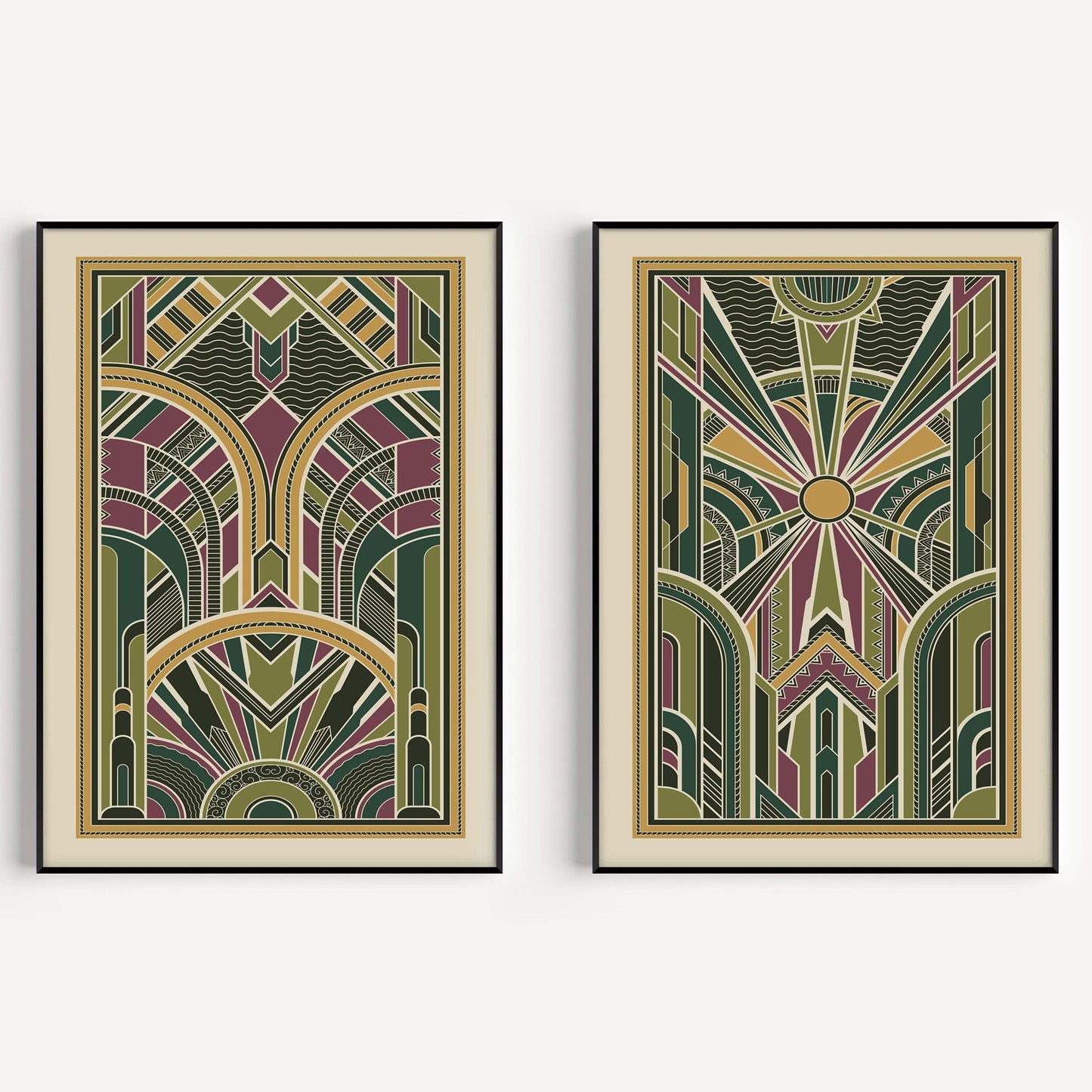 Set of 2 art deco prints in green and gold