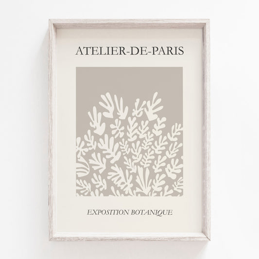 Neutral Boho style print with leaf design, inspired by Henri Matisse in beige shades