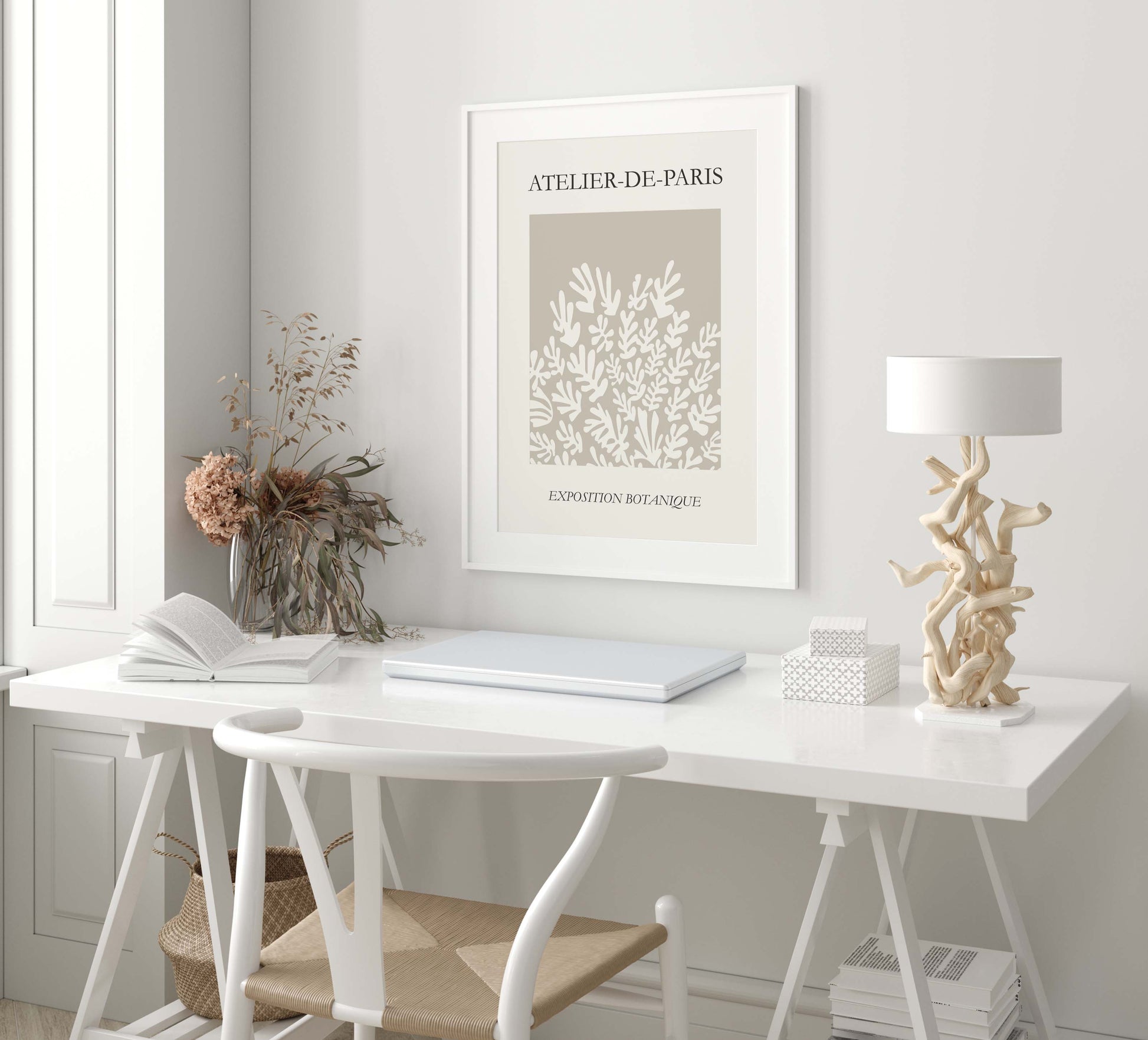 Matisse poster in beige neutral colours, Atelier De Paris, Exposition Botanique text