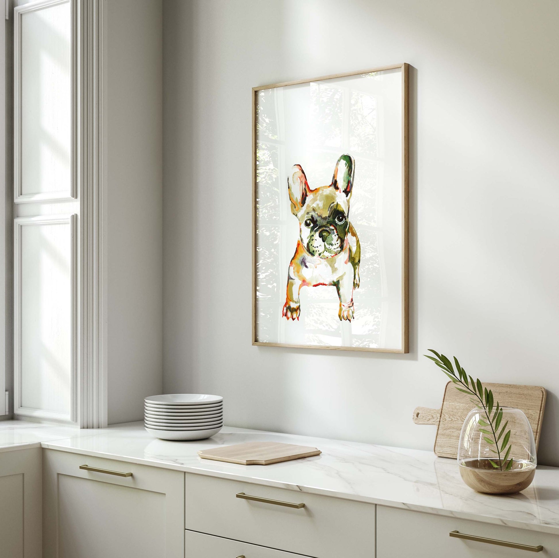 French bulldog poster in warm green tones