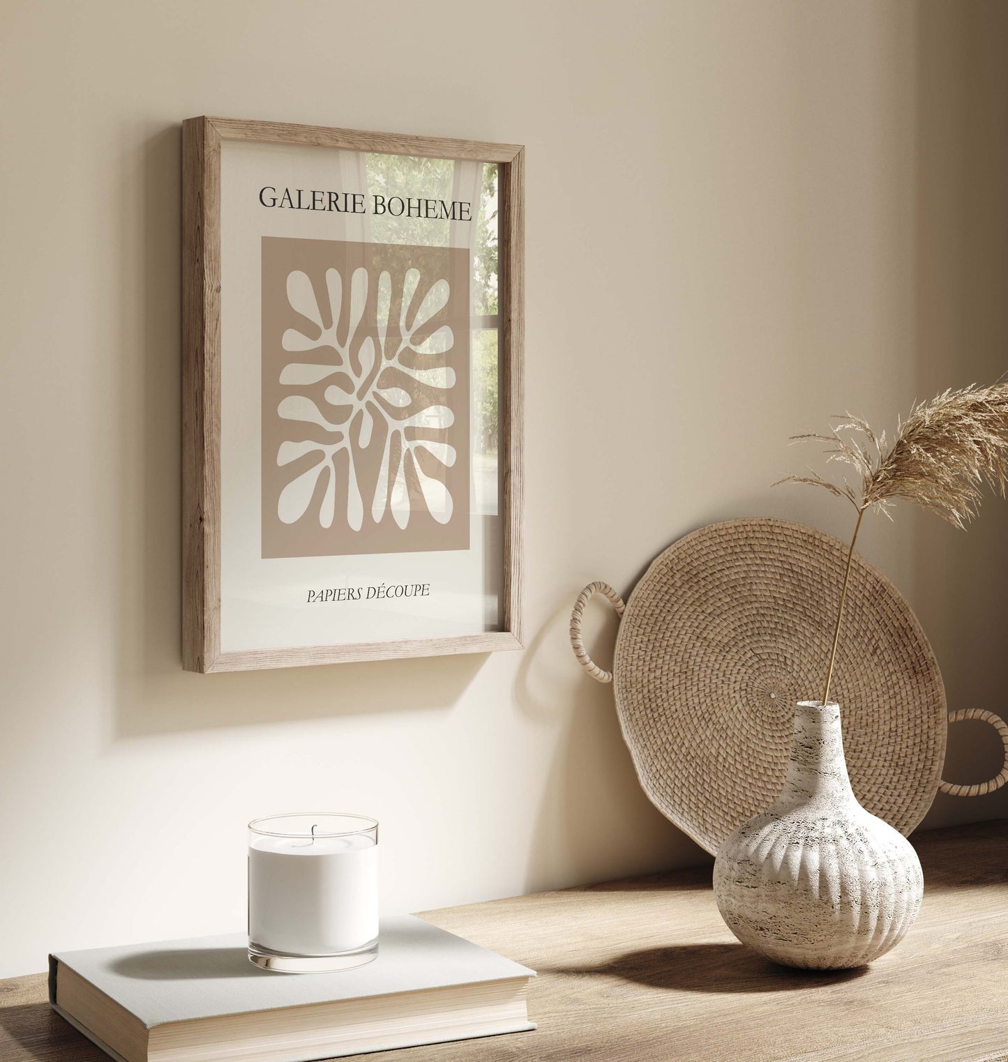 Beige wall art print, inspired by Henri Matisse in a minimalist boho style.Text on the print says Galerie Boheme, Papiers Decoupe