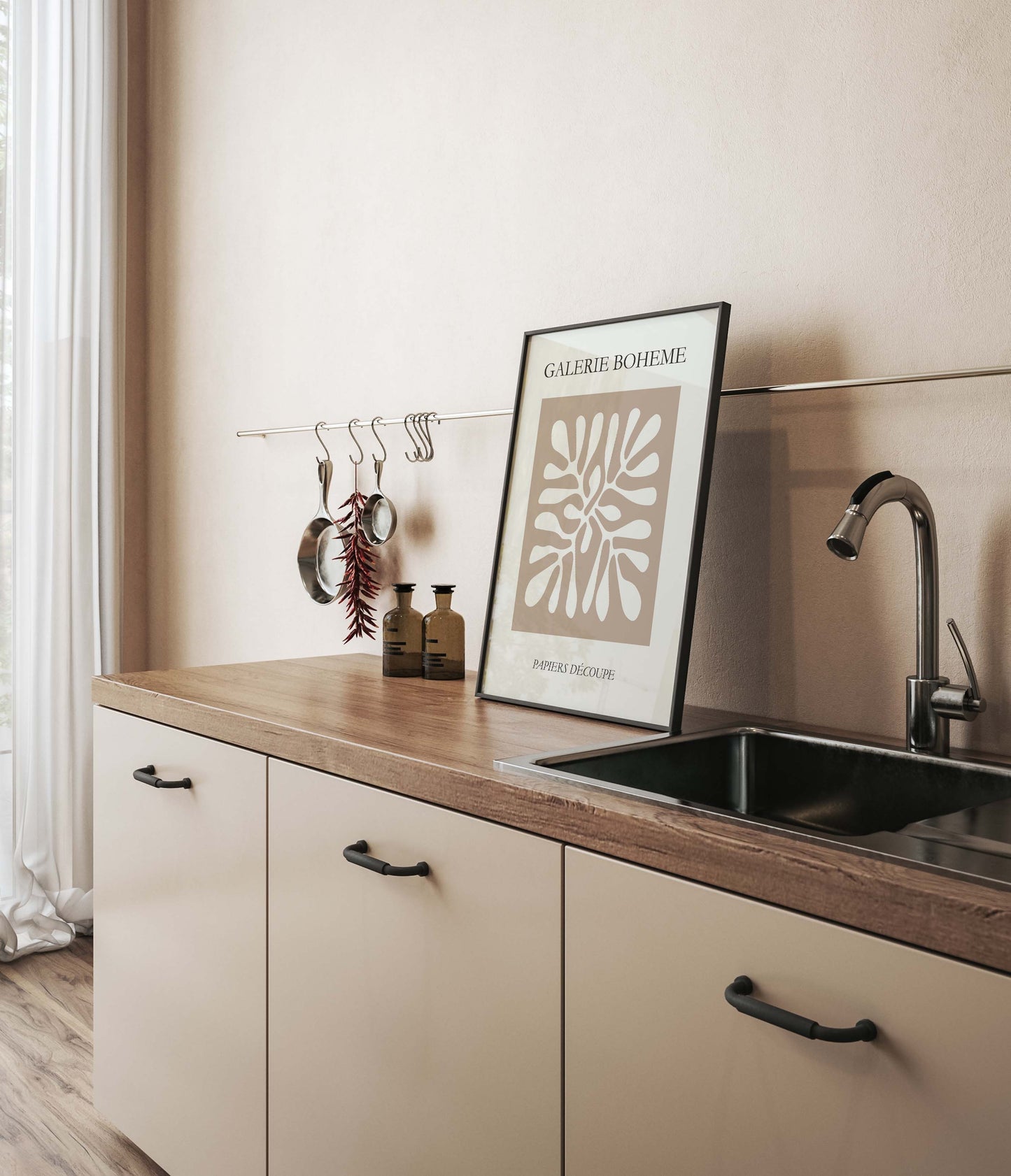 Neutral minimalist print in beige tones. With a simple leaf design, inspired by Henri Matisse