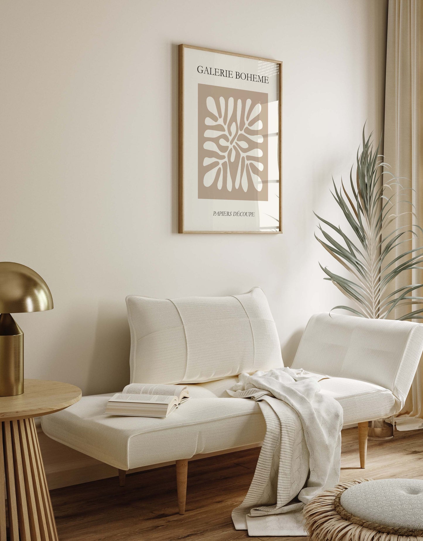 Galerie Boheme poster, inspired by Matisse. With a minimalist leaf design, in beige colours.
