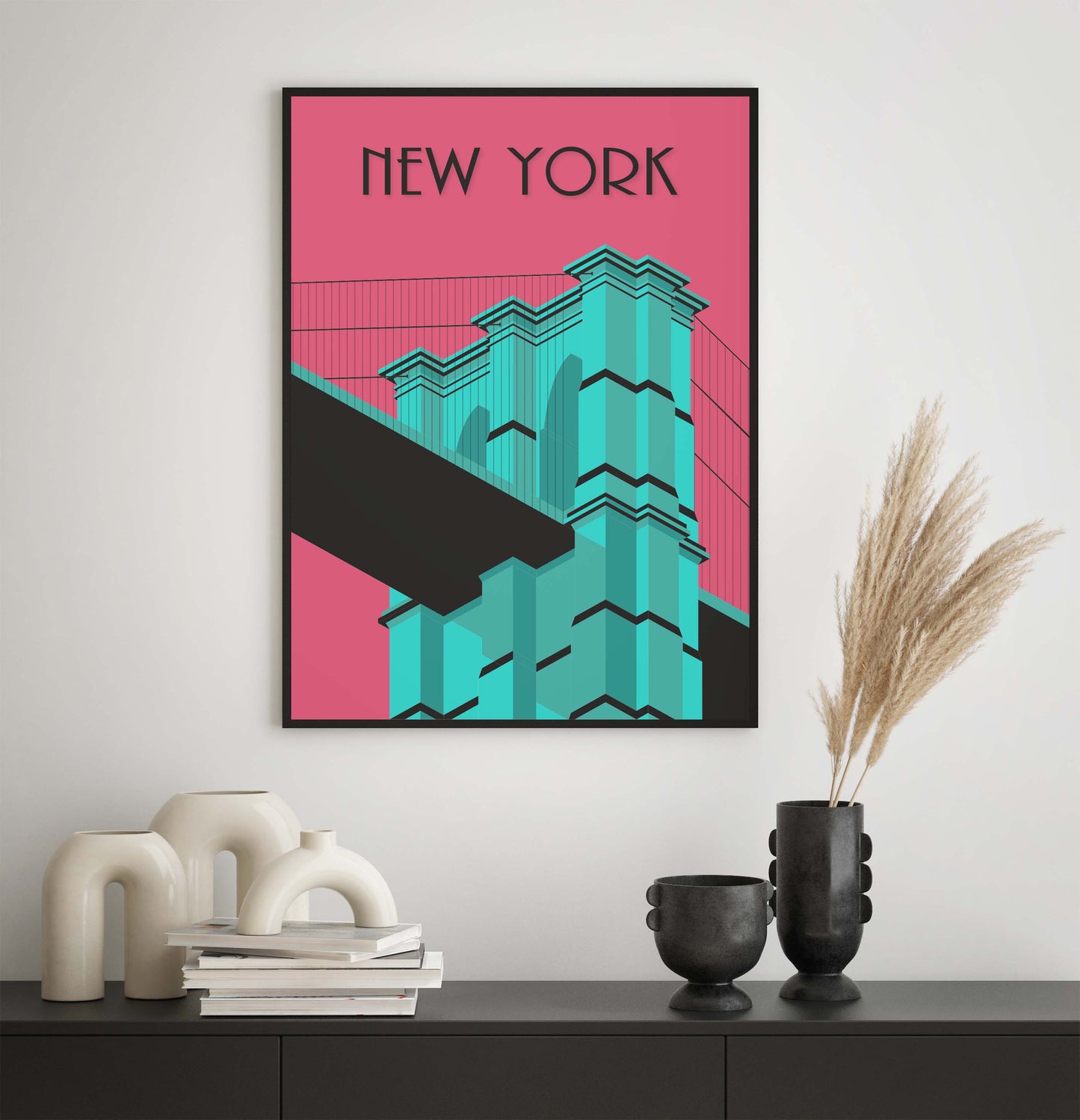New York Print in an Art Deco style, in pink and blue, Brooklyn Bridge