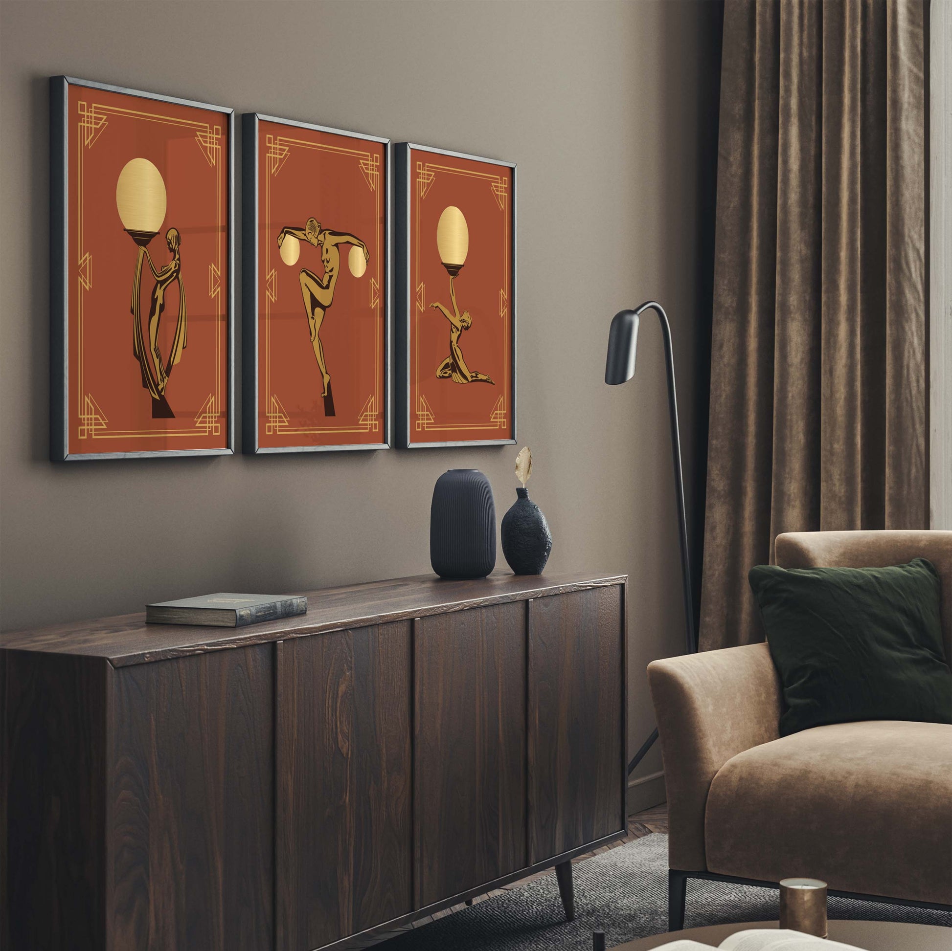 Set of 3 art deco prints in orange and gold. Each design has a woman holding a golden globe in a different pose