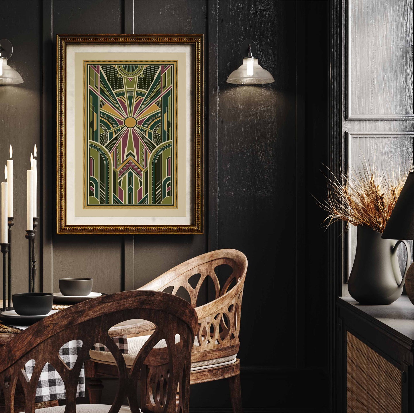 Art deco print with geometric pattern in green and gold