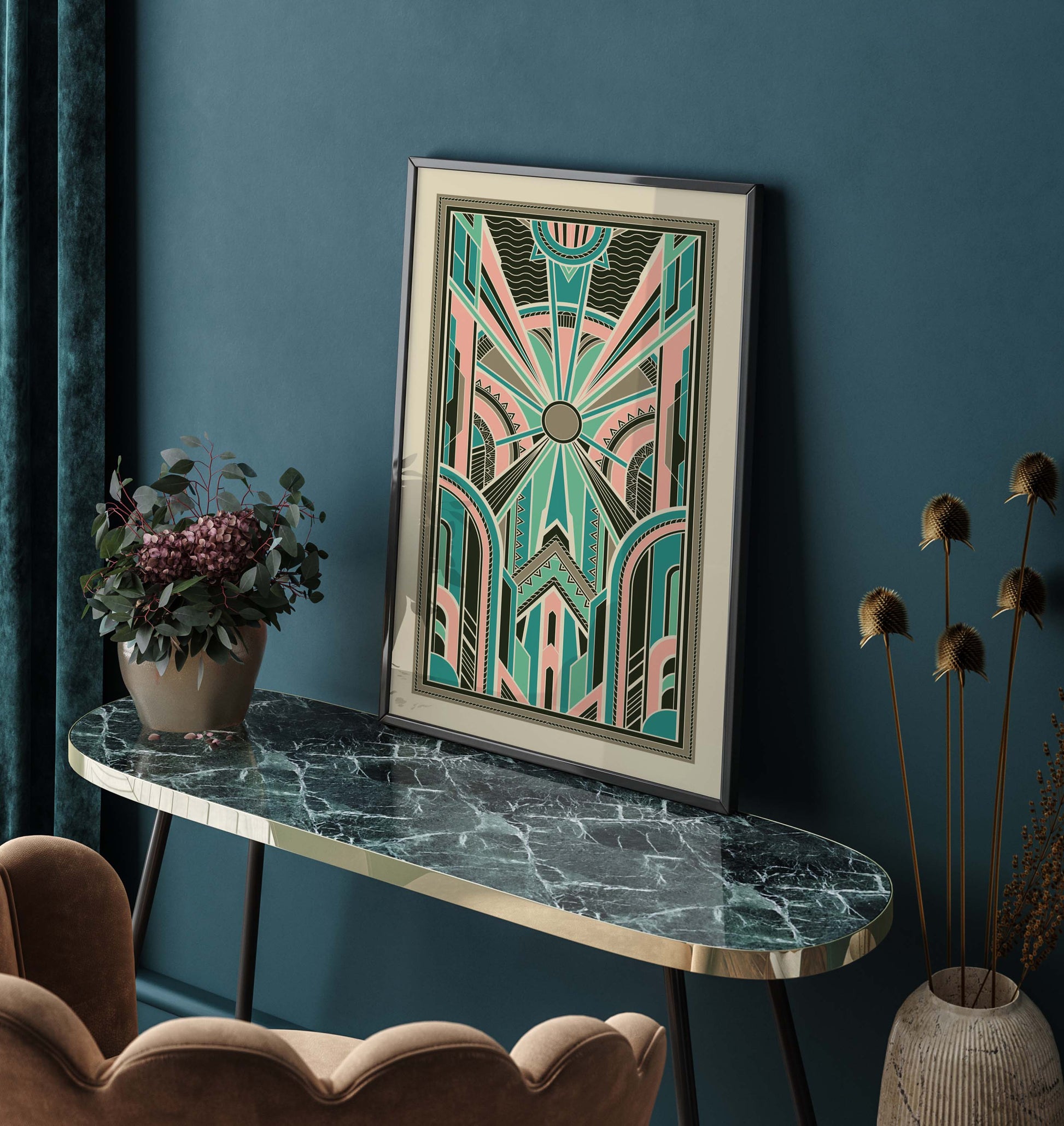 Art deco print in pink and teal