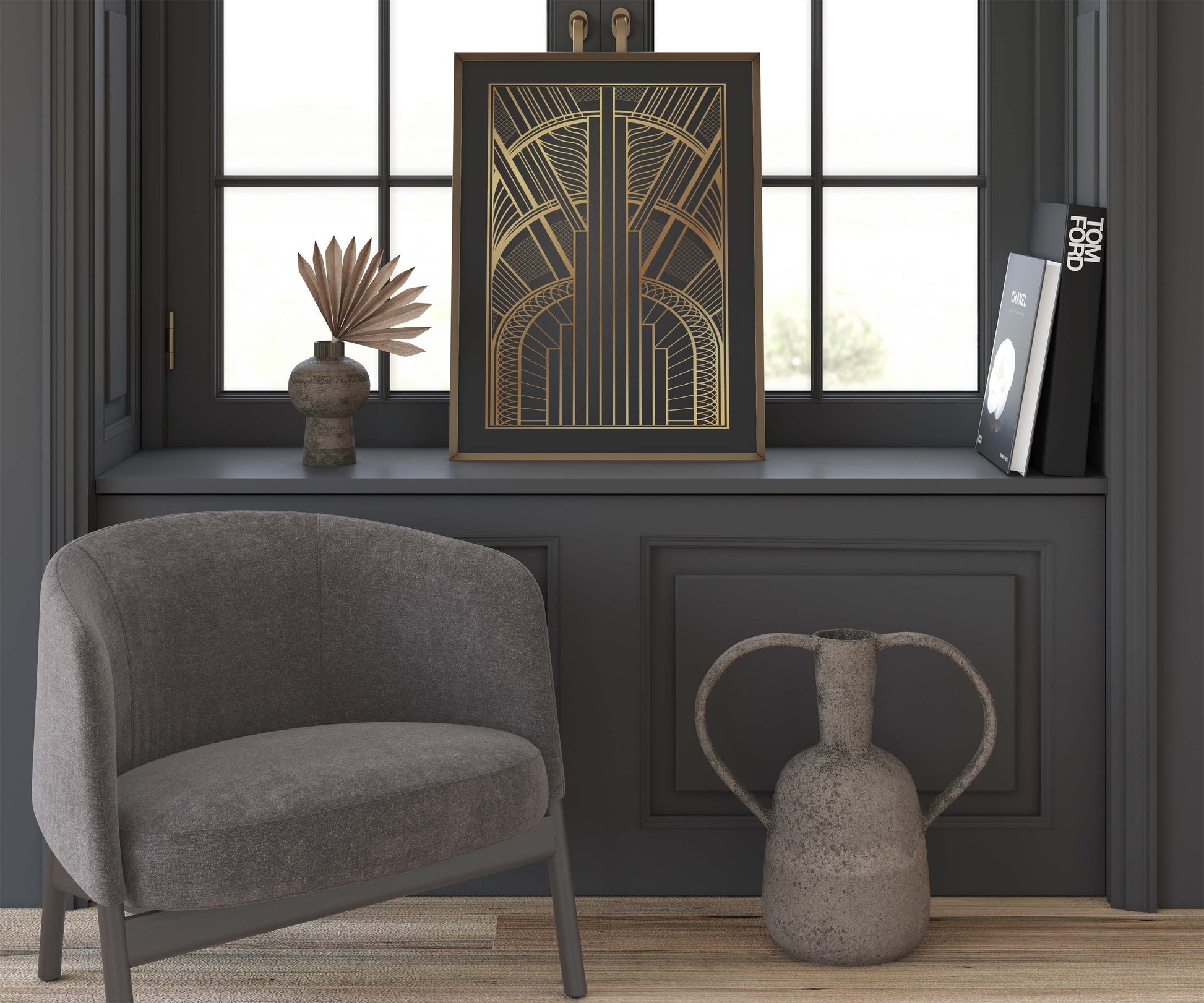 Minimalist black and gold art deco print