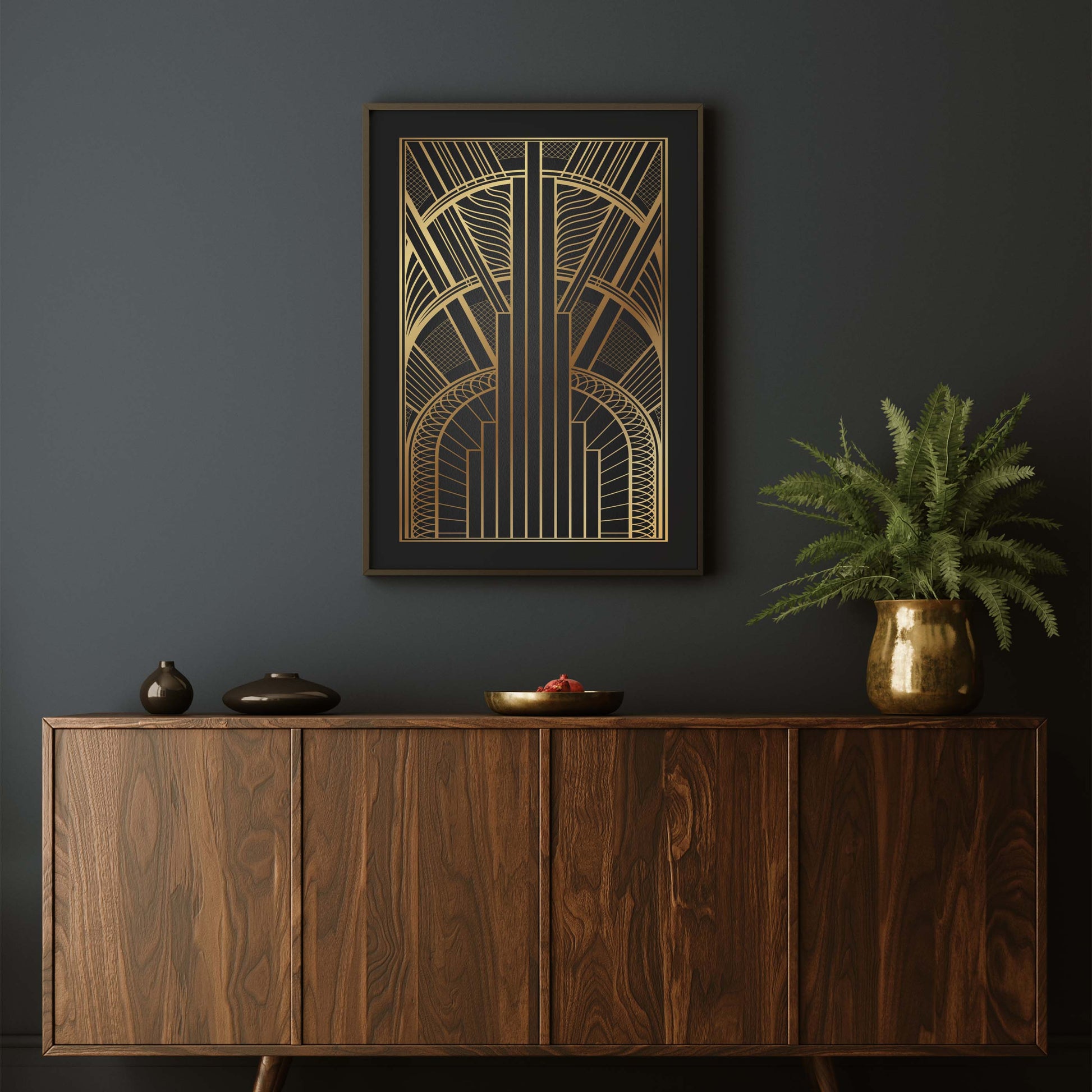 Black and gold art deco print