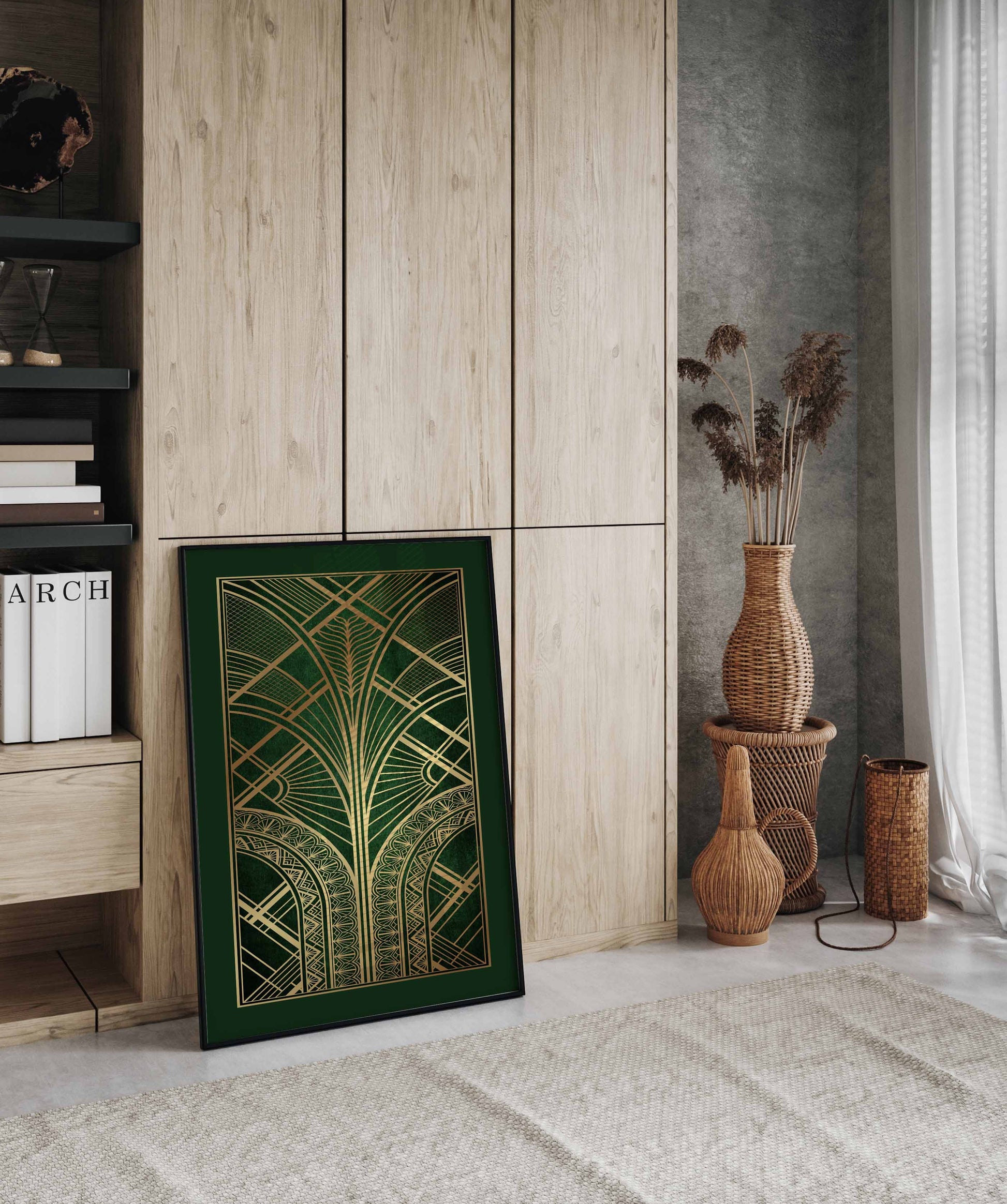 Gold and green art deco print