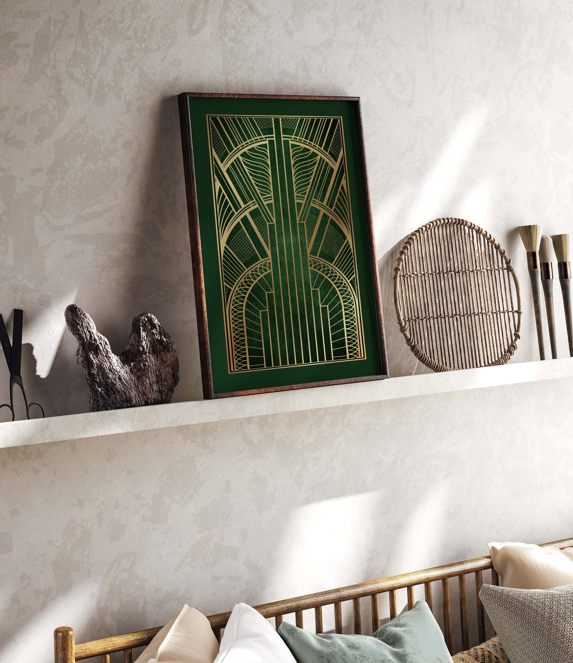 Green and gold art deco print