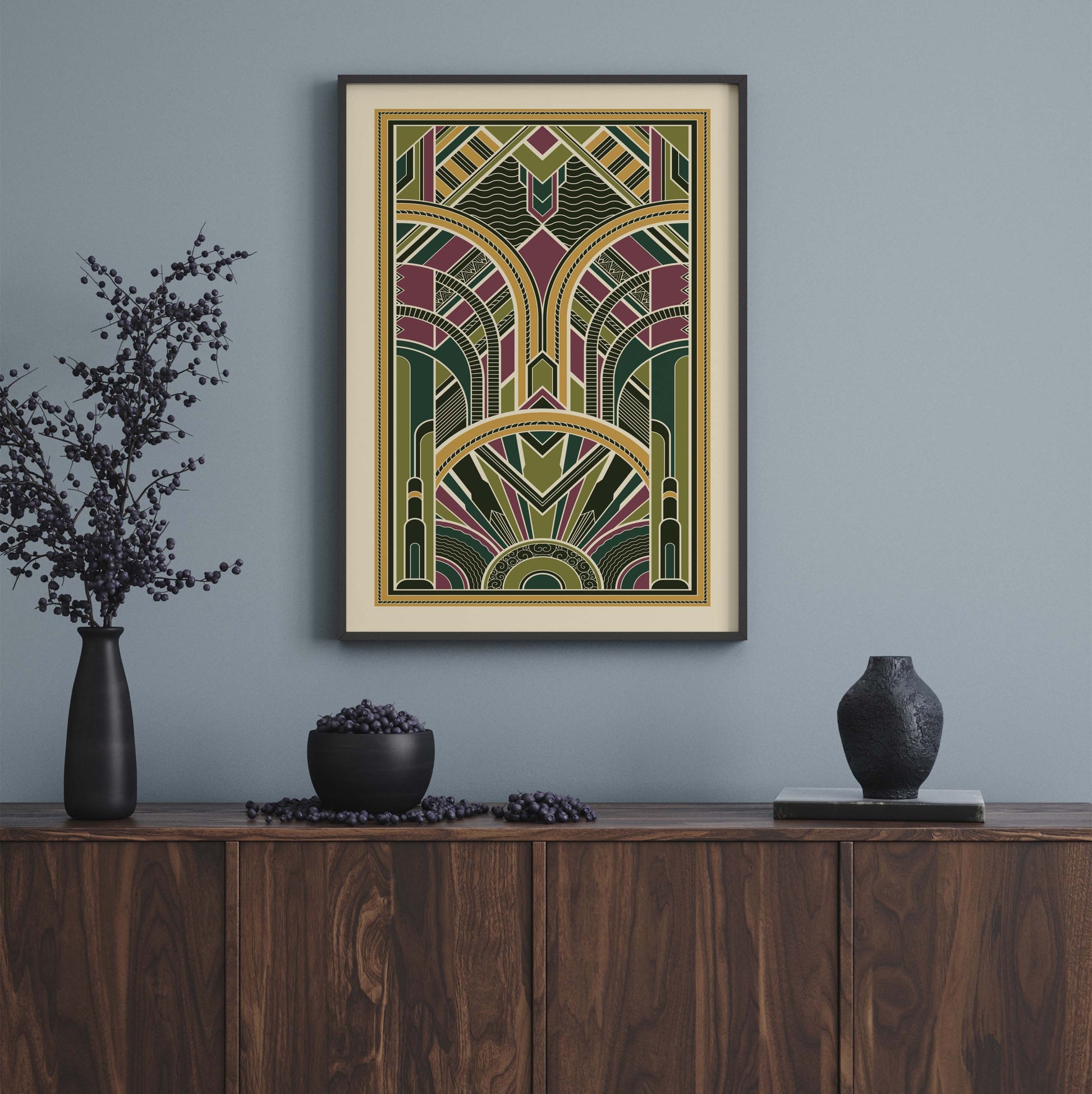 Art Deco print with symmetrical pattern in green