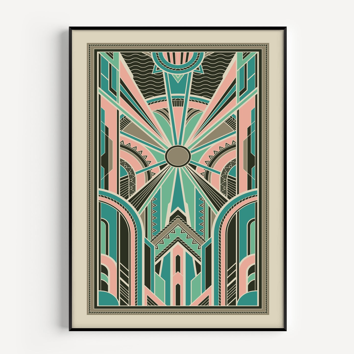 Art deco wall art print in pink and teal