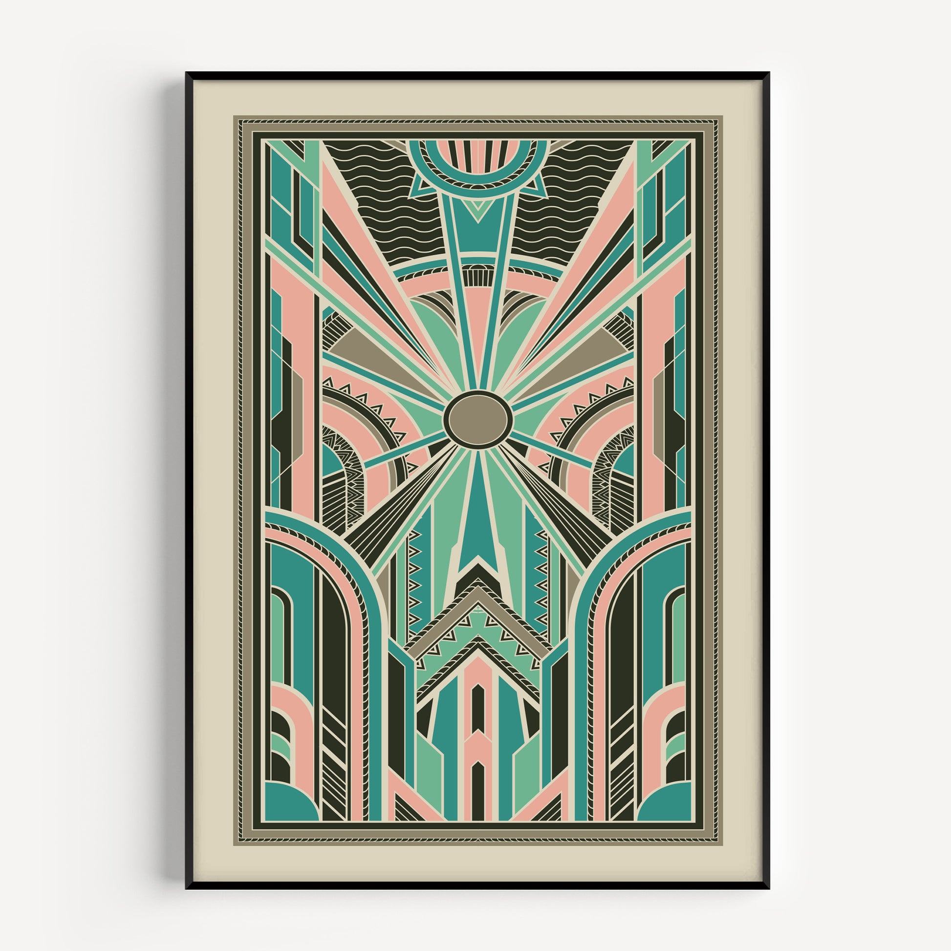 Art deco wall art print in pink and teal