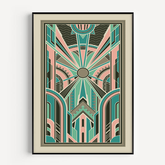 Art deco wall art print in pink and teal
