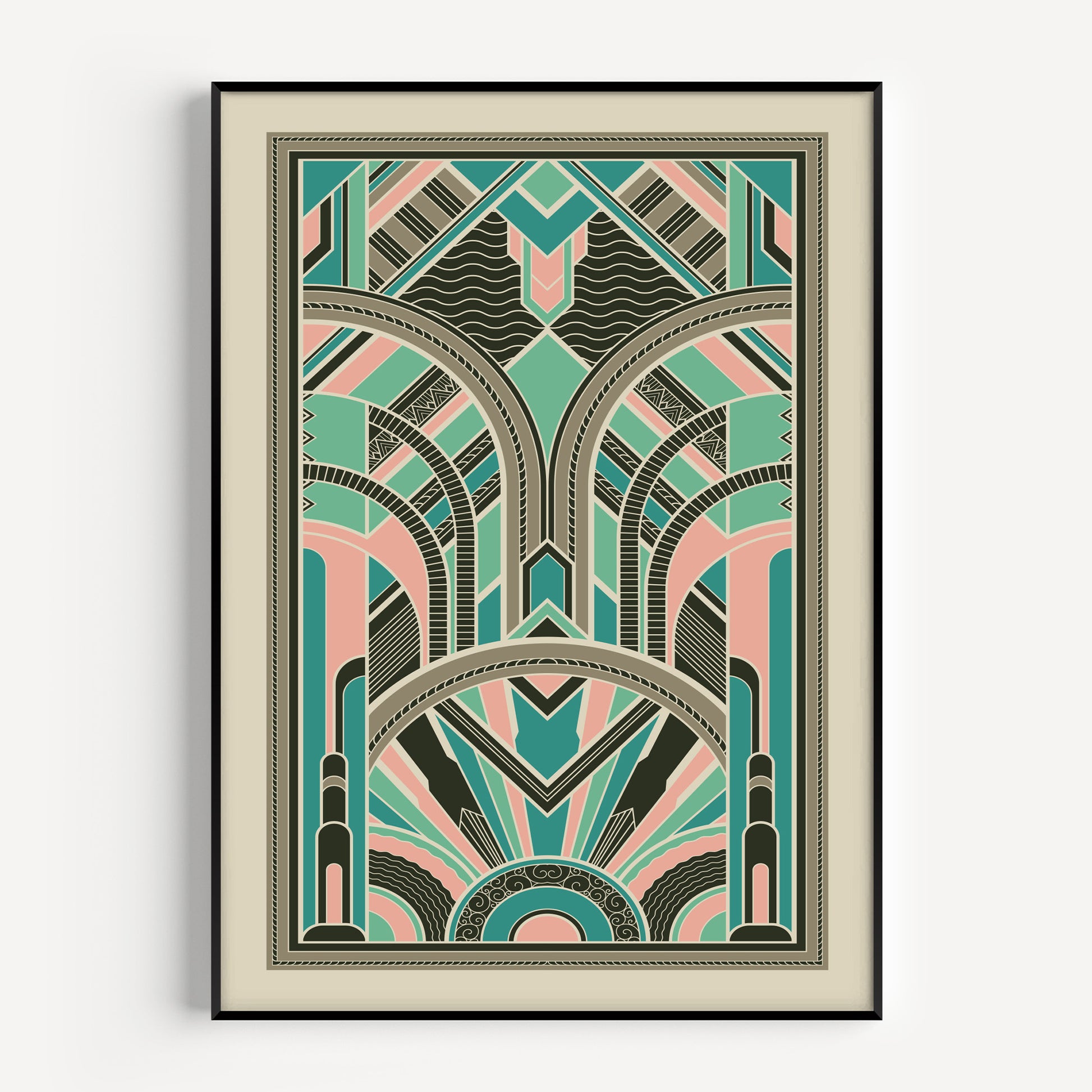 Art deco print with geometric pattern in pink and teal