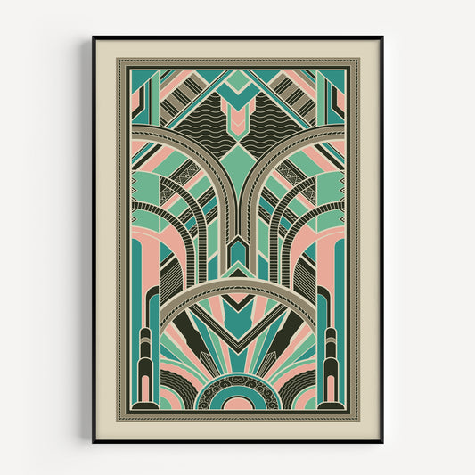Art deco print with geometric pattern in pink and teal