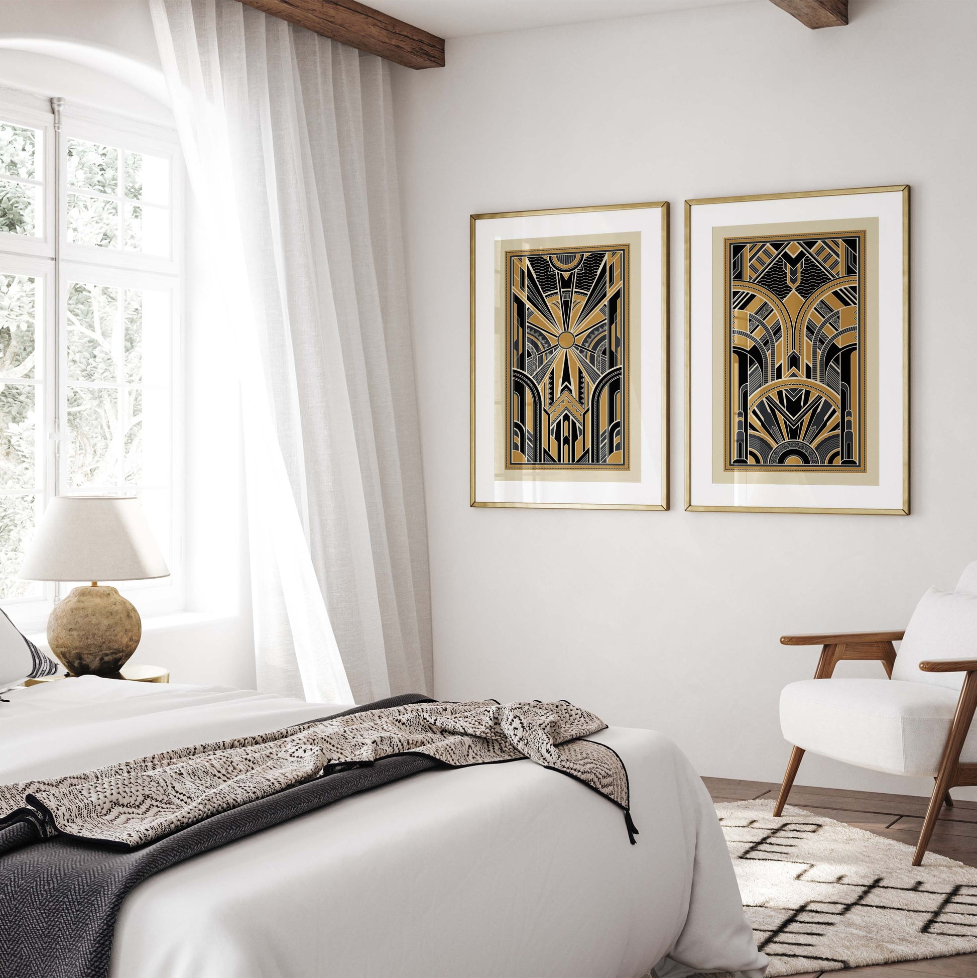 Set of 2 art deco prints in black and gold