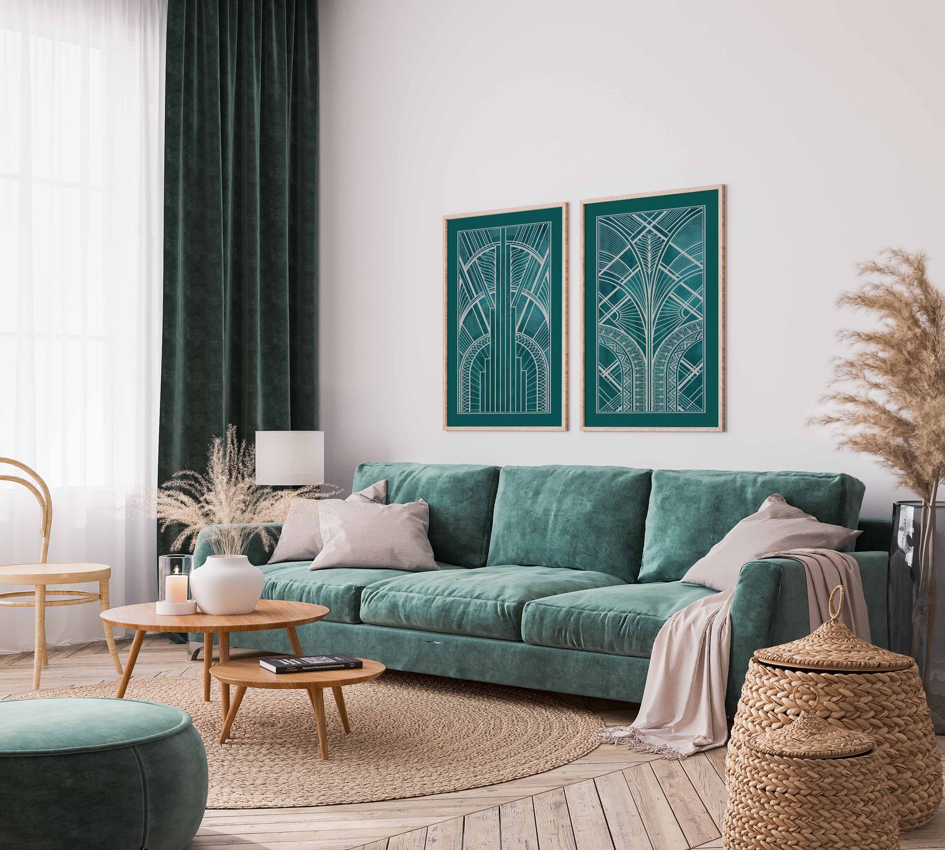 Two art deco prints in teal and silver with a symmetrical geometric pattern