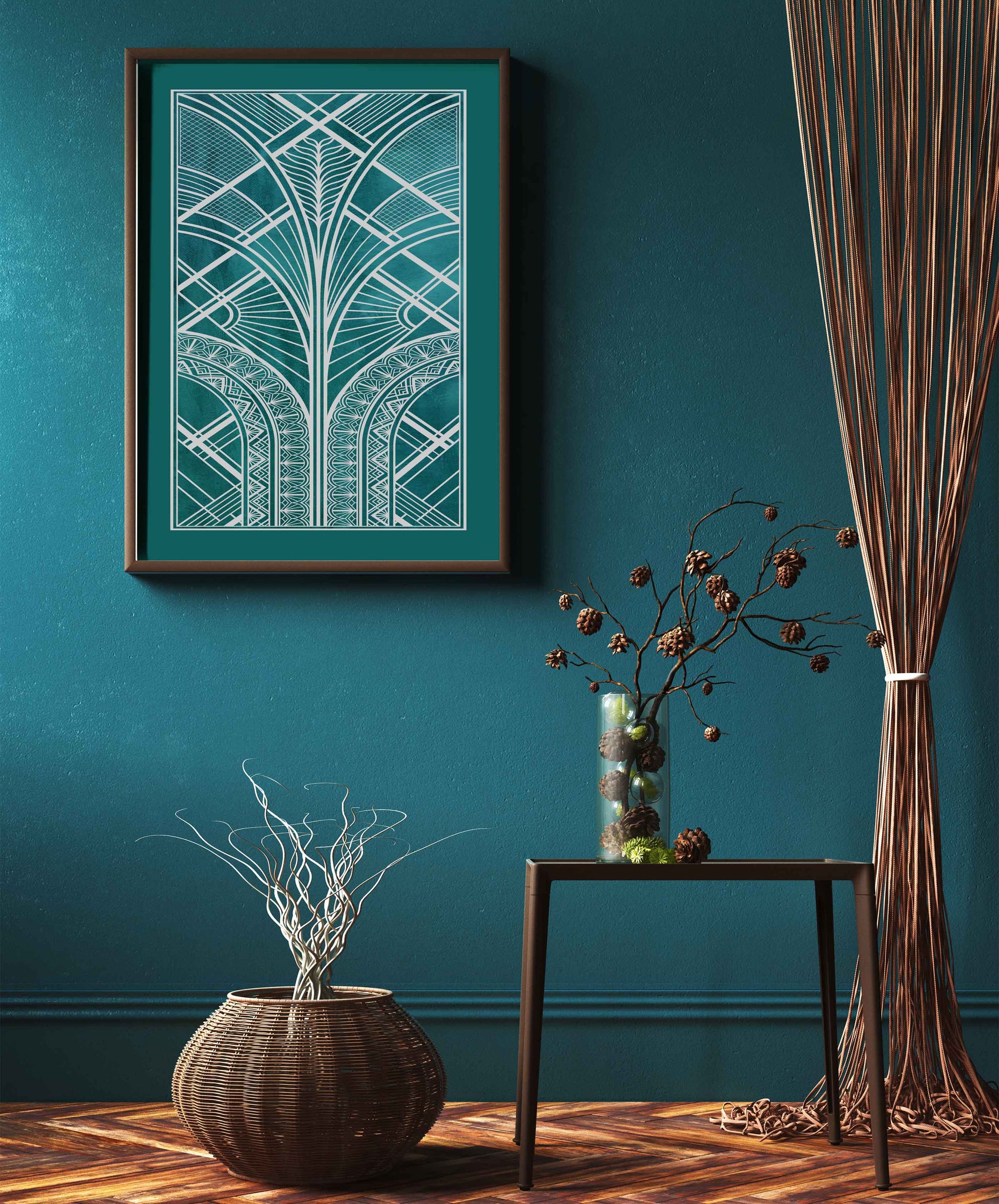 Art deco print in teal and silver