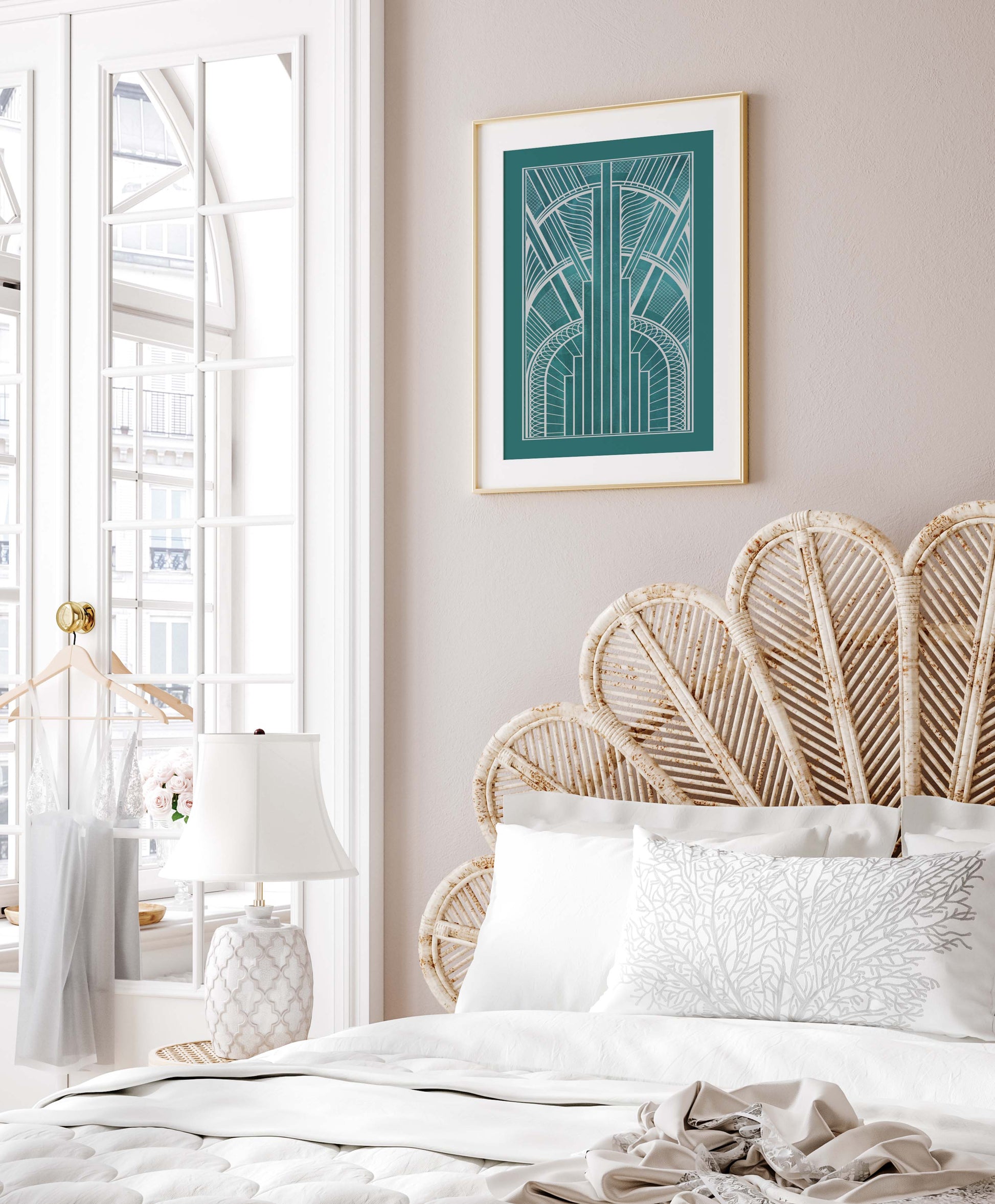 Art deco poster in teal and silver