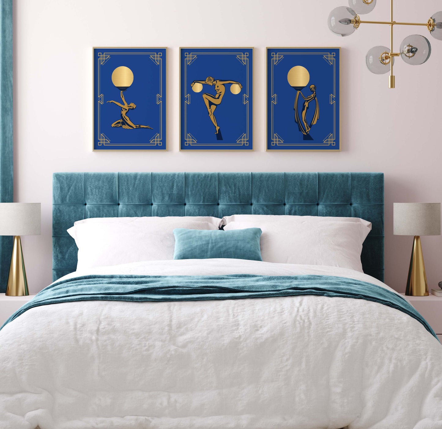 Set of art deco wall art prints in gold and blue