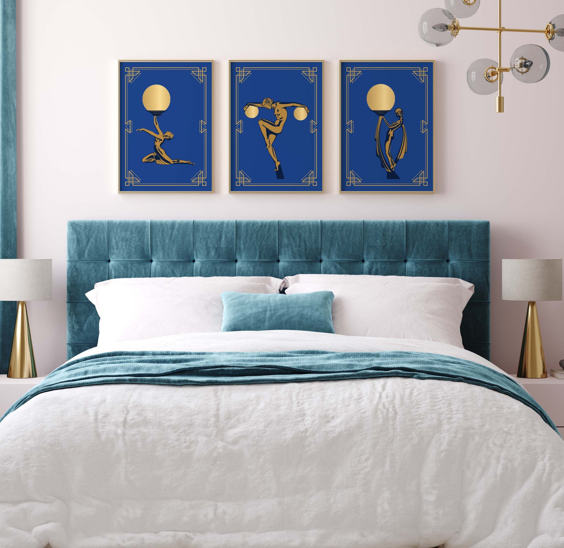 Set of art deco wall art prints in gold and blue