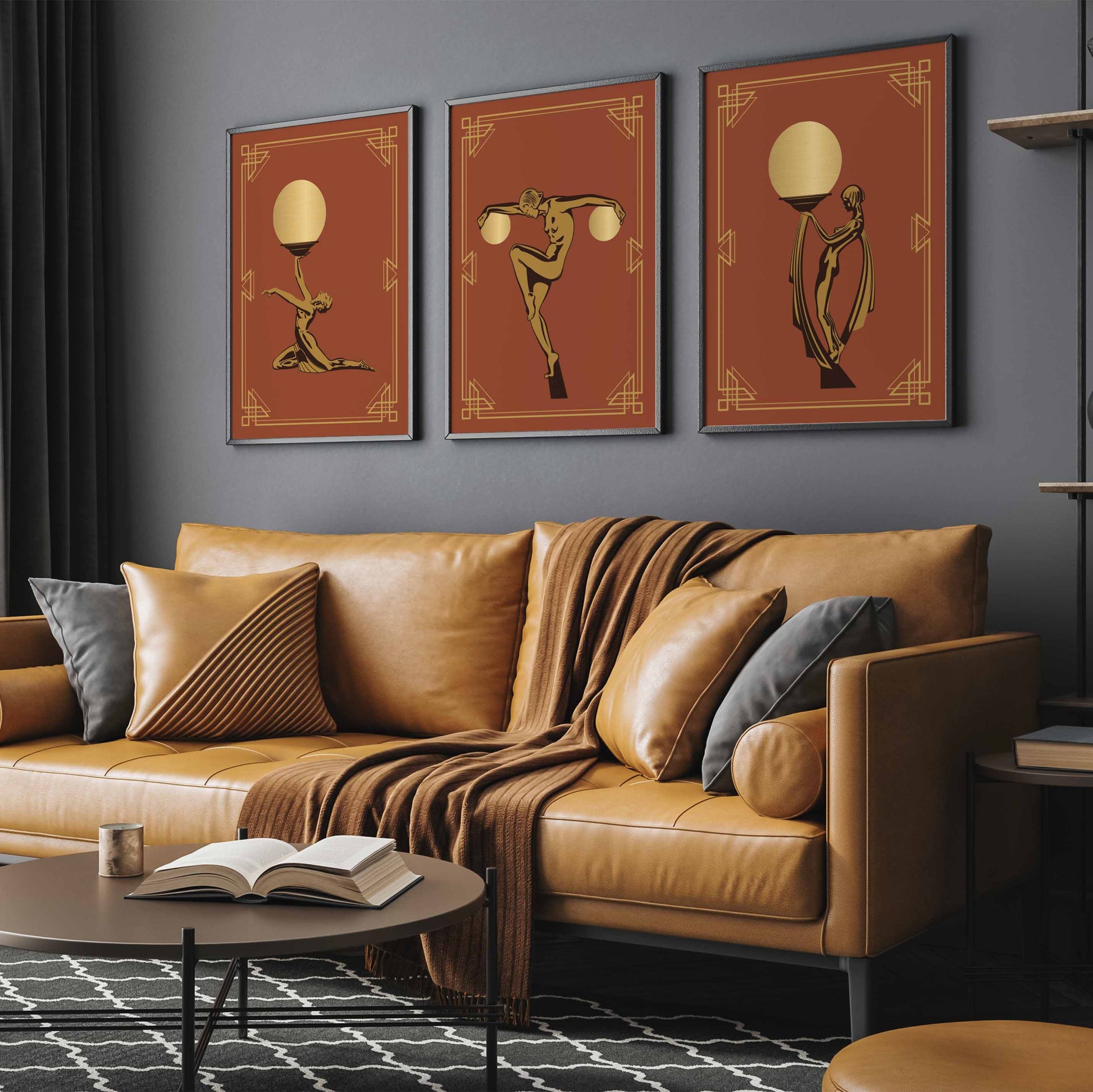 Art deco wall art prints in a set of 3, orange and gold