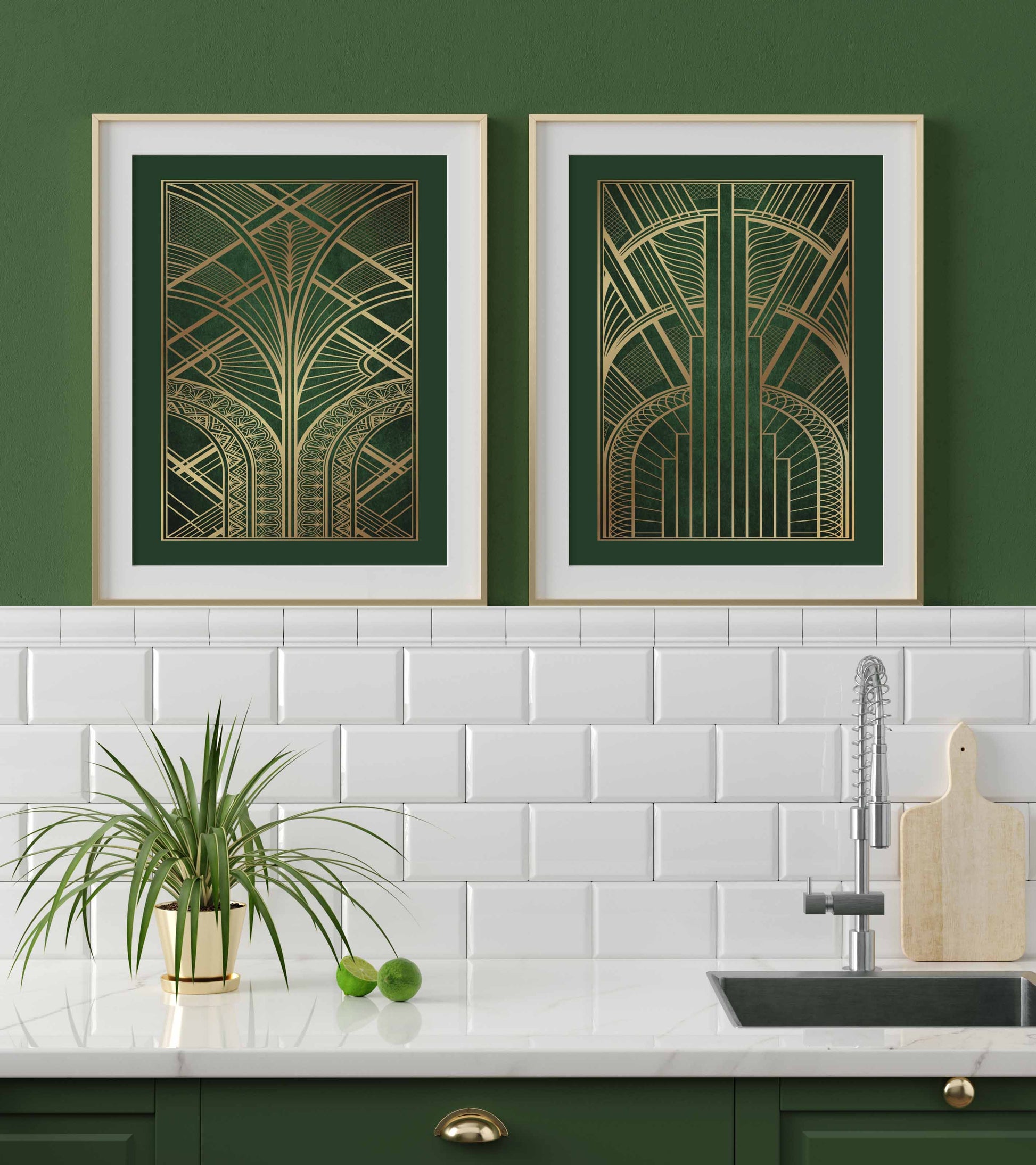 Set of 2 art deco wall art prints in green and gold
