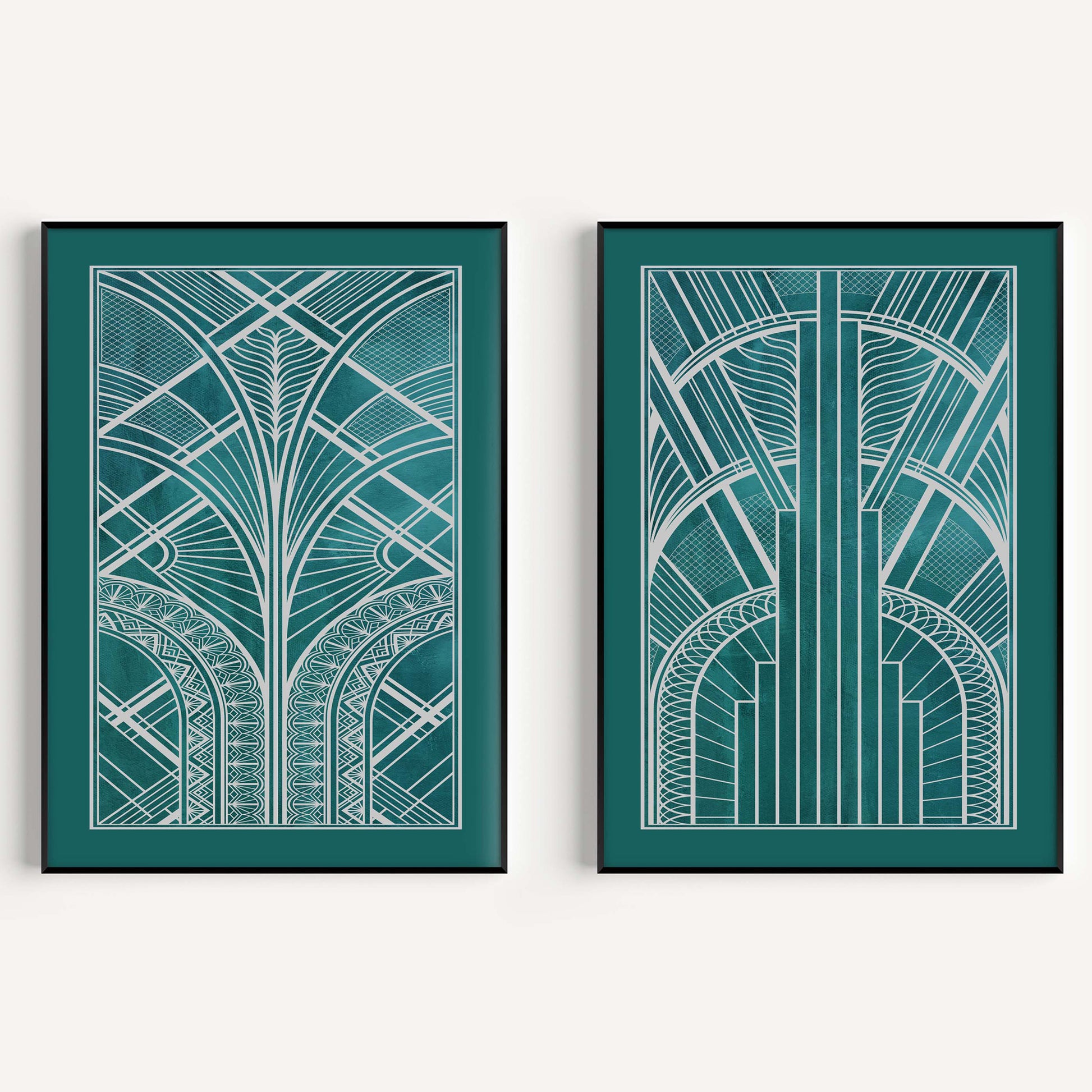 Art deco wall art print set in teal and silver