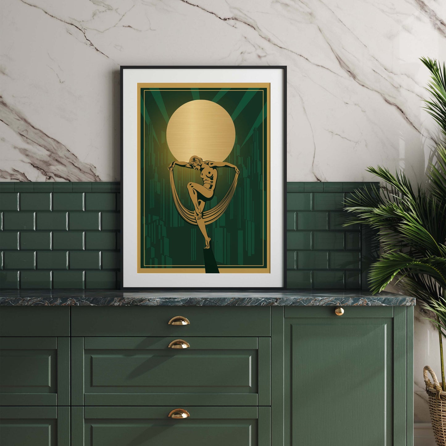 Green and gold art deco print
