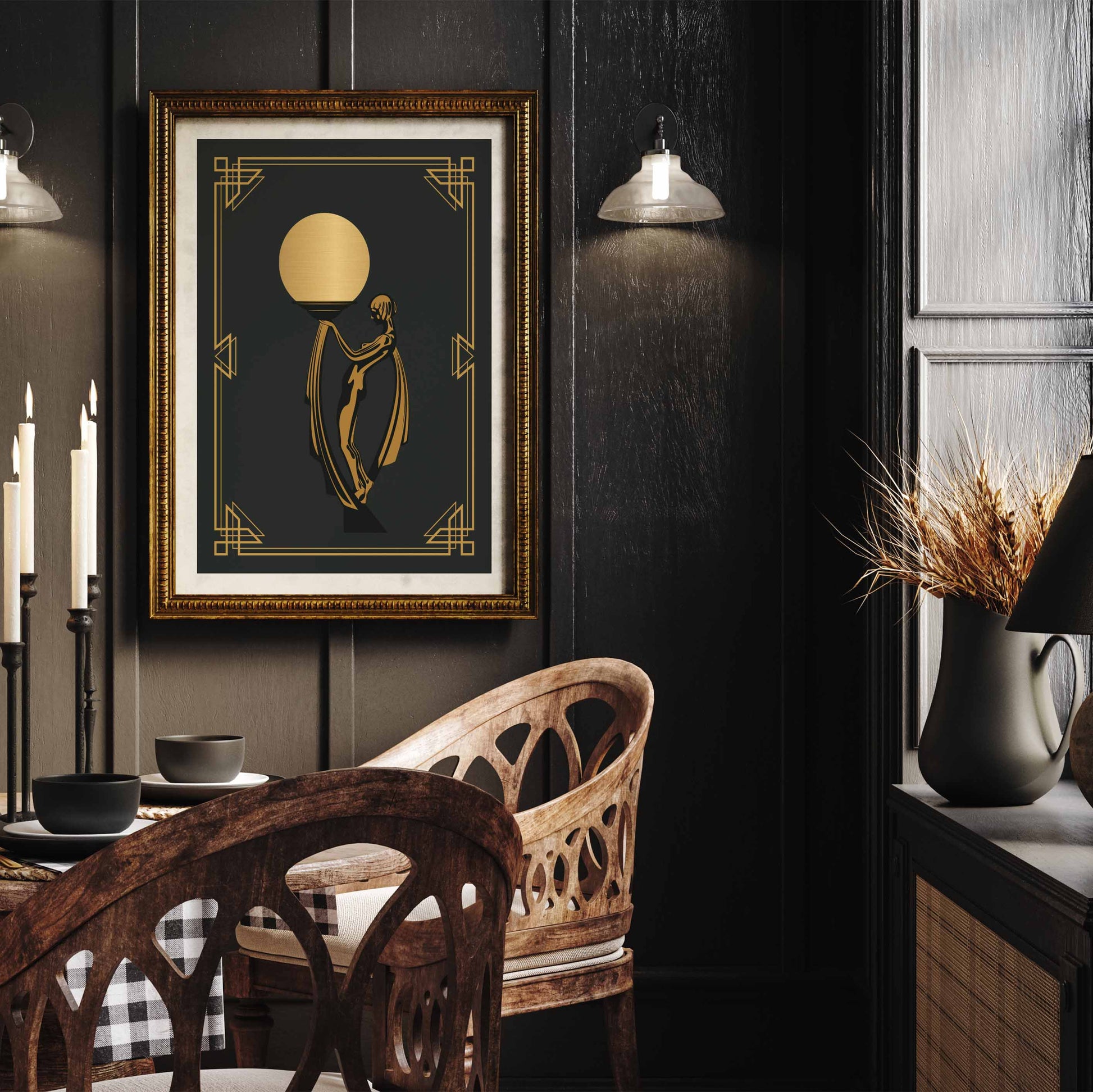 Ornate art deco woman print in black and gold