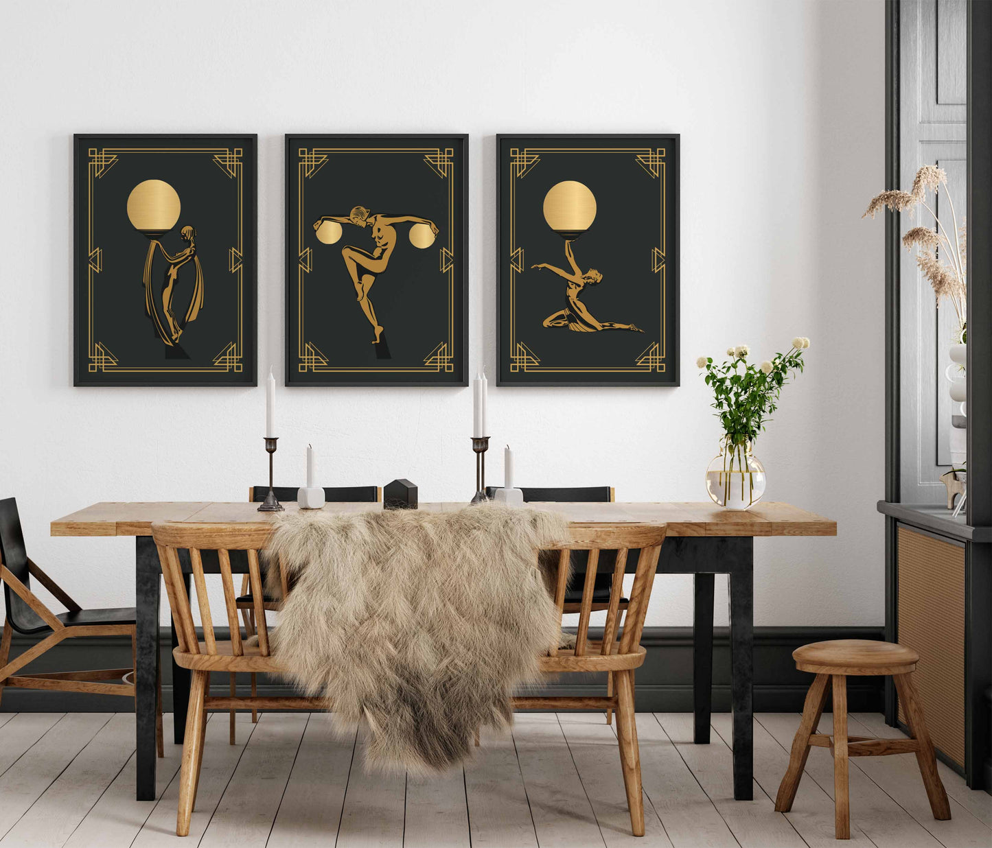 Set of 3 black and gold art deco prints
