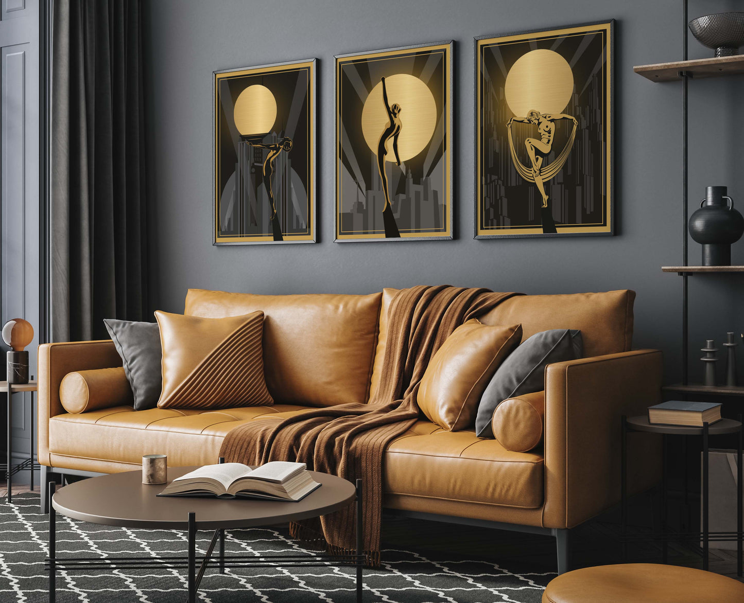 Set of 3 art deco posters in black and gold