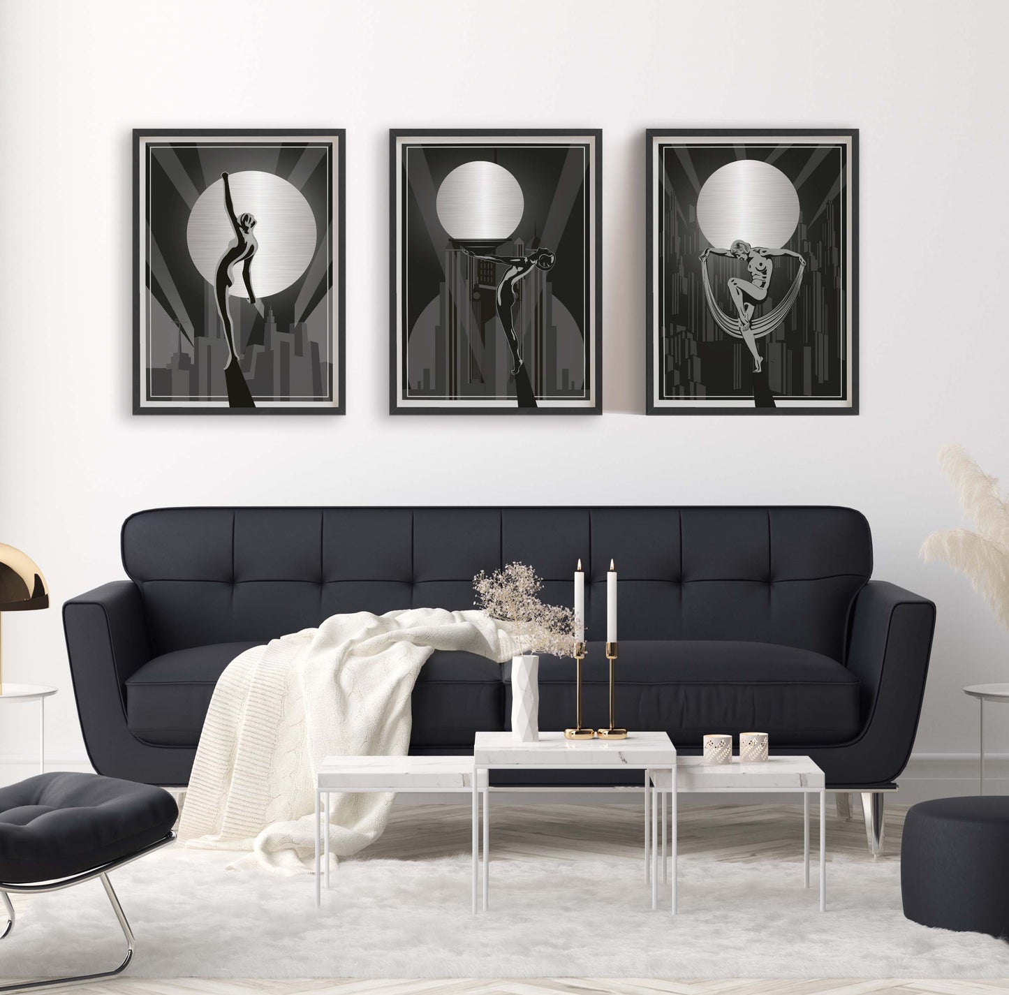 Set of 3 art deco prints in silver and black