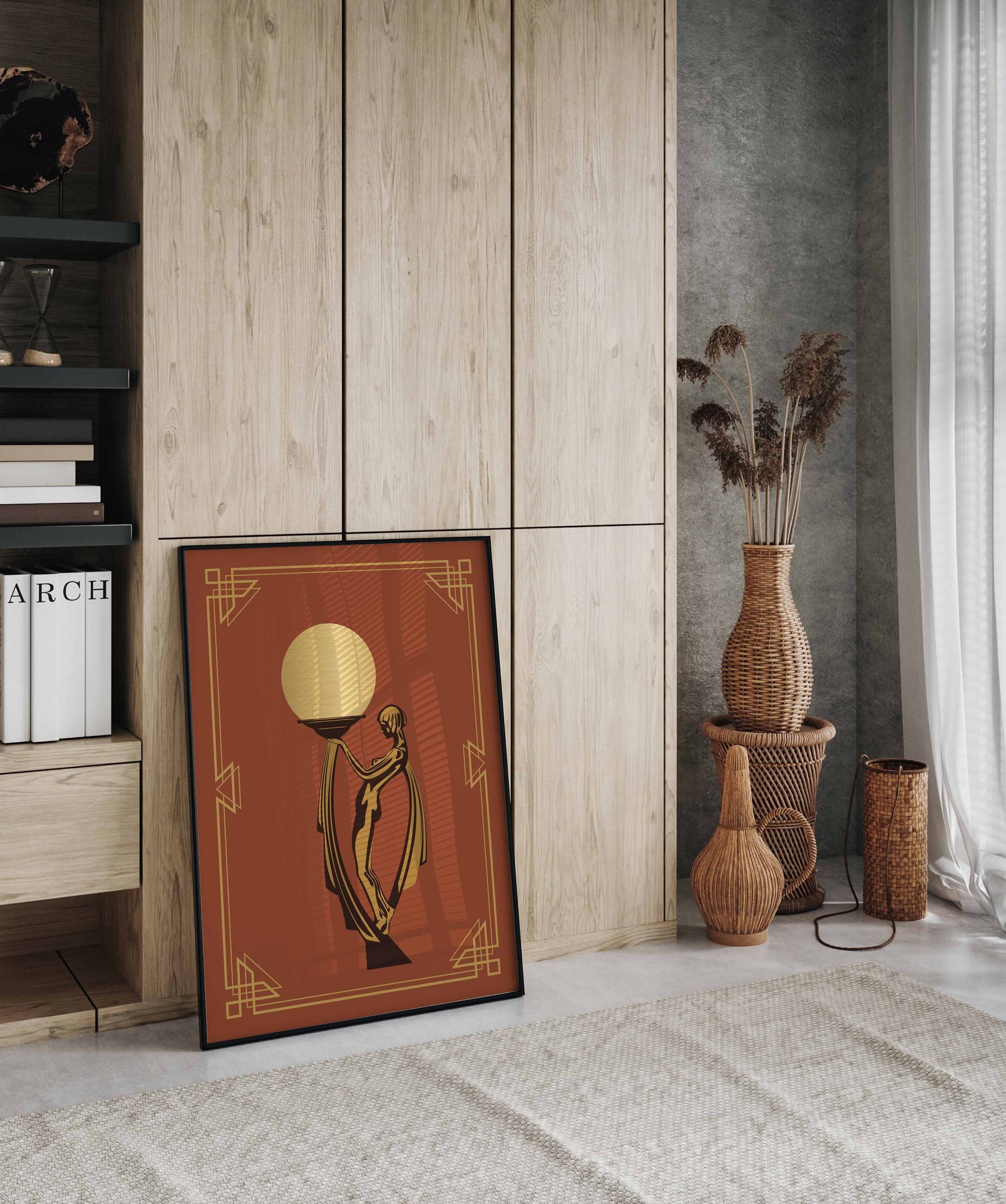 Art deco woman print in orange and gold