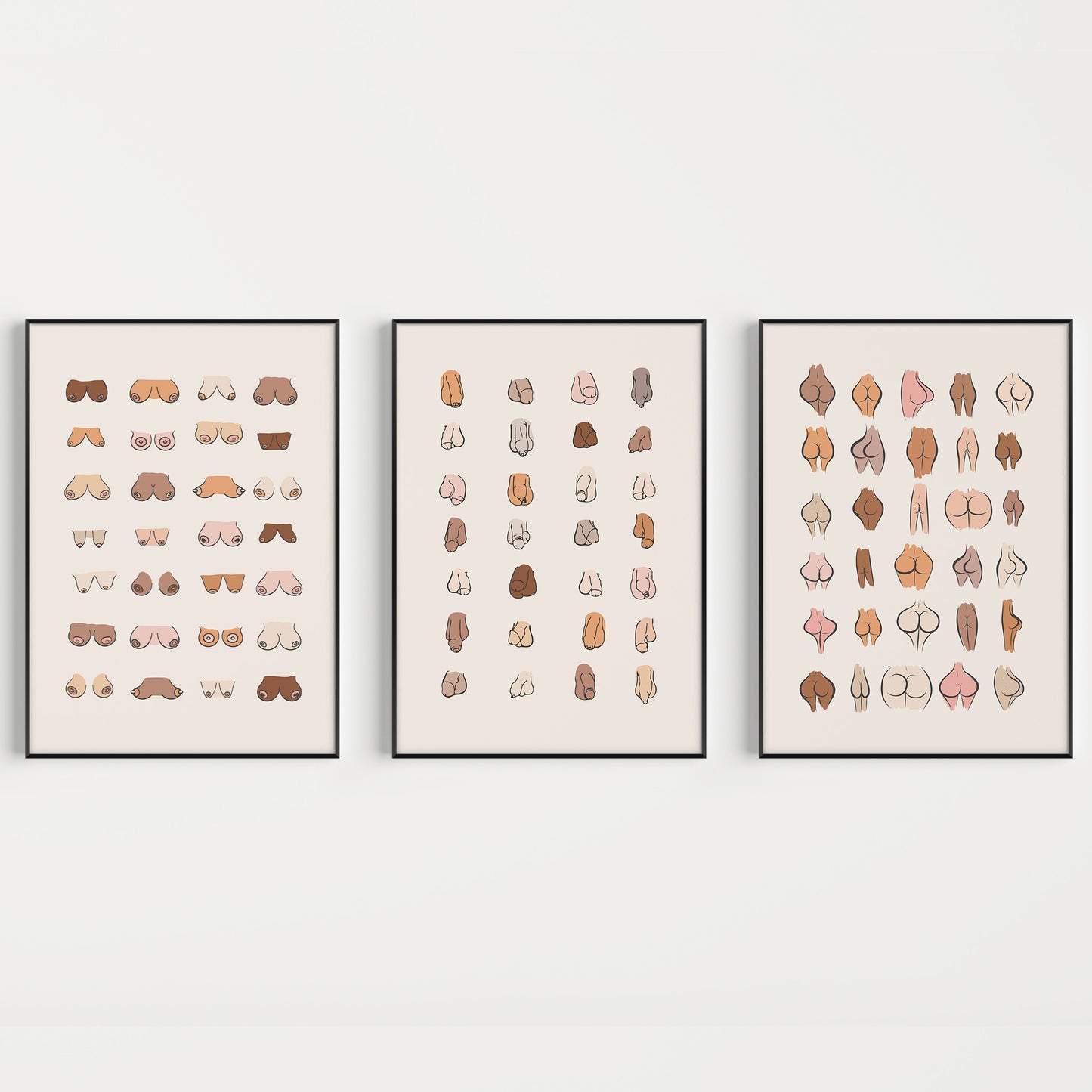 Bathroom wall art prints, in boobs, bums and willies designs, celebrate body positivity