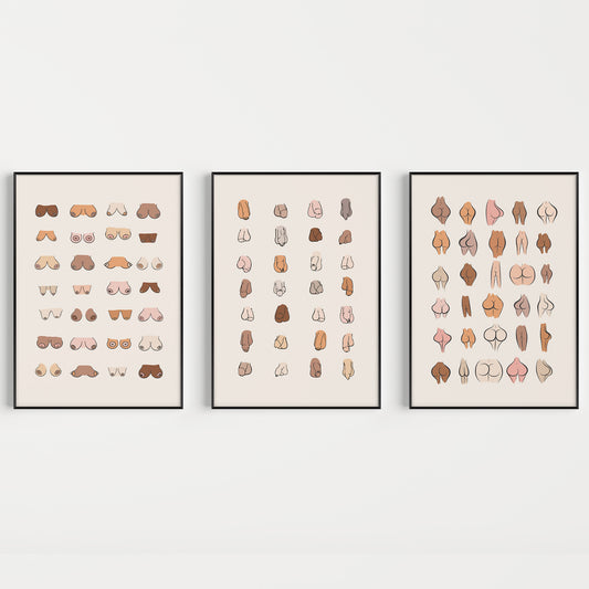Bathroom wall art prints, in boobs, bums and willies designs, celebrate body positivity