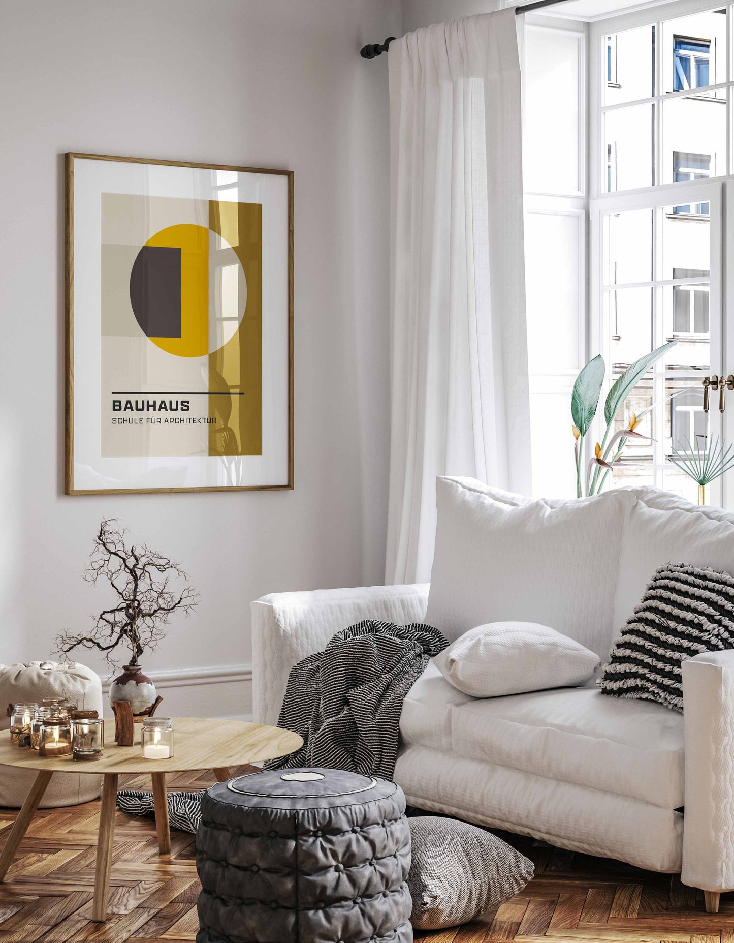 Mid Century Modern Bauhaus print in yellow and mustard