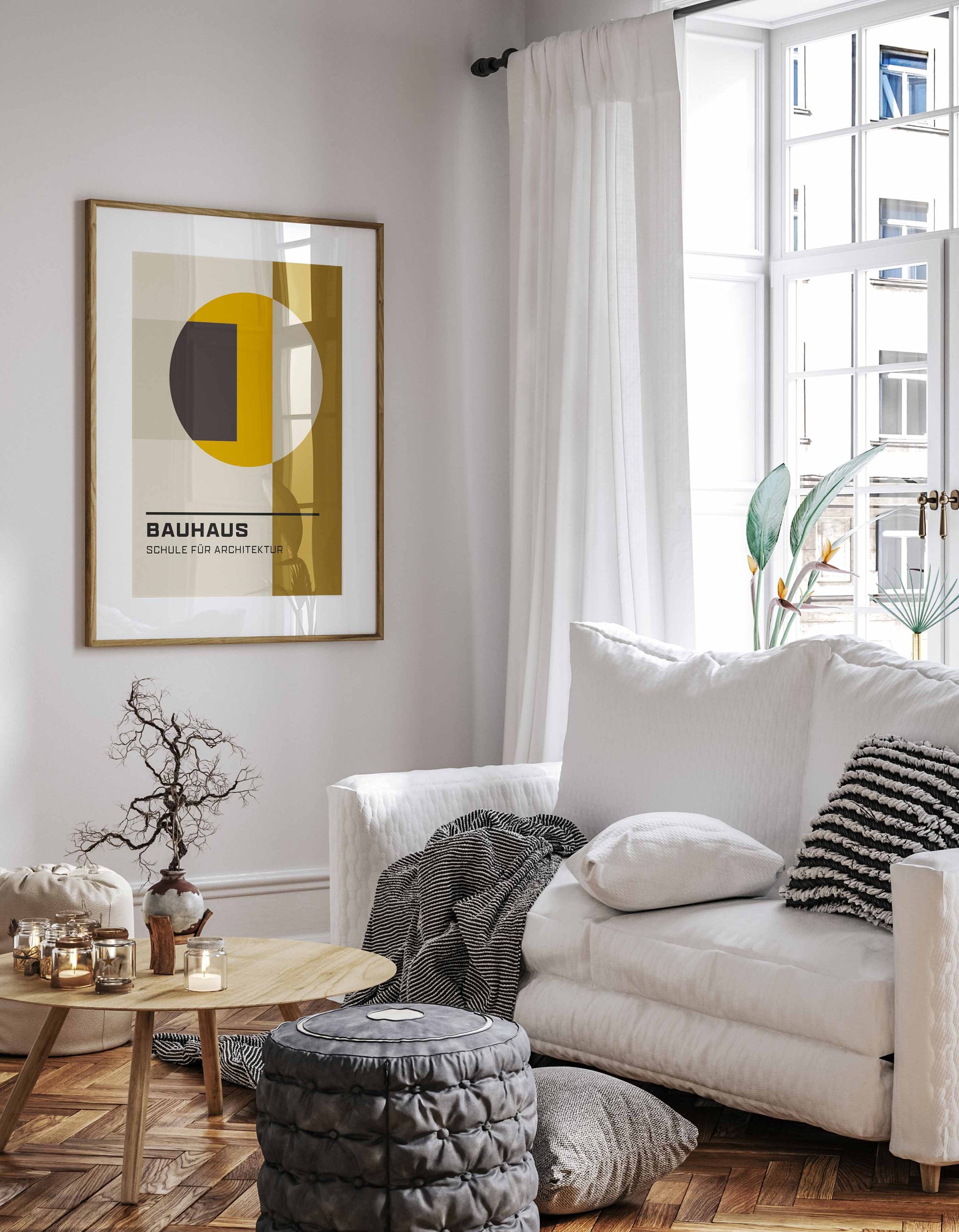 Mid Century Modern Bauhaus print in yellow and mustard