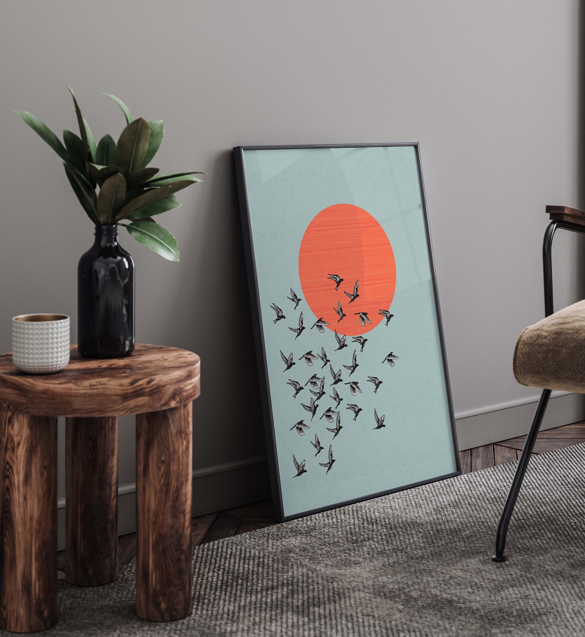 Bird wall art print in blue and orange