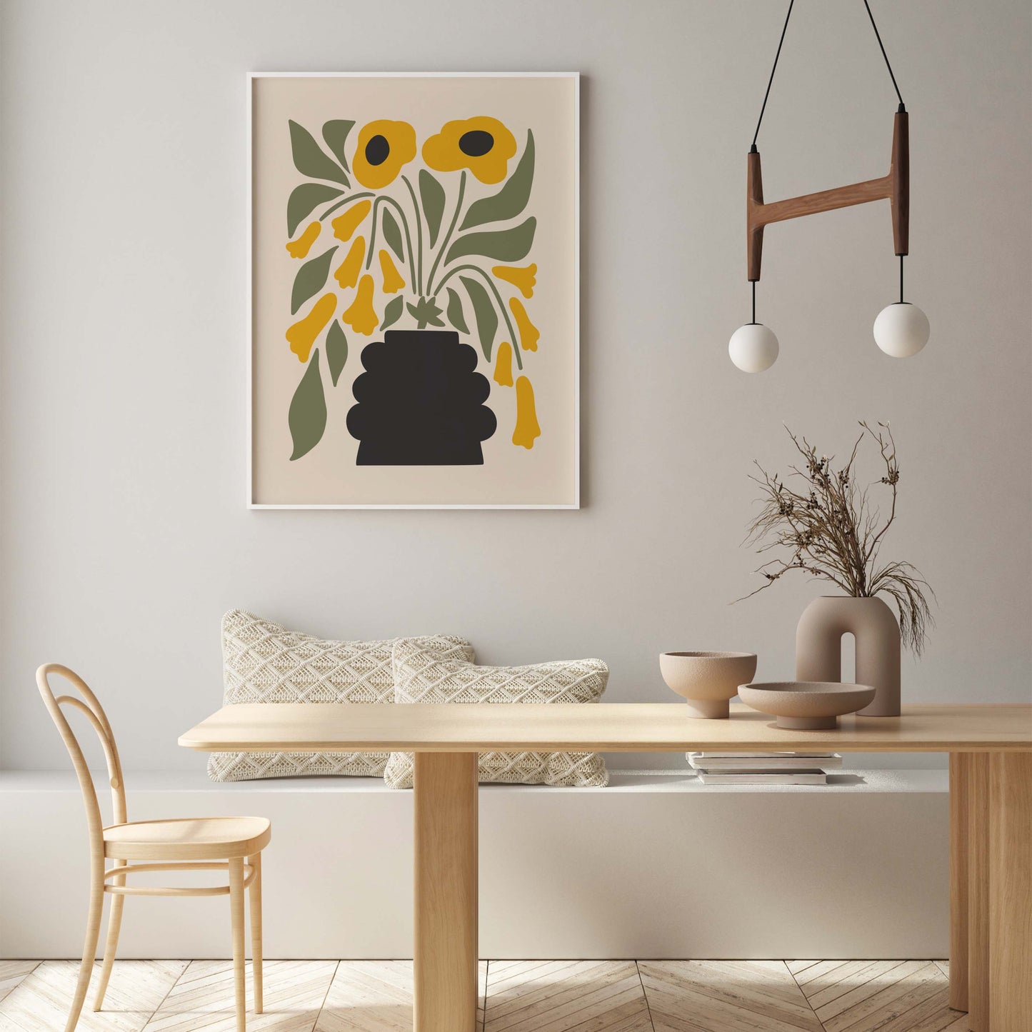 Green and yellow flower print in a minimalist style