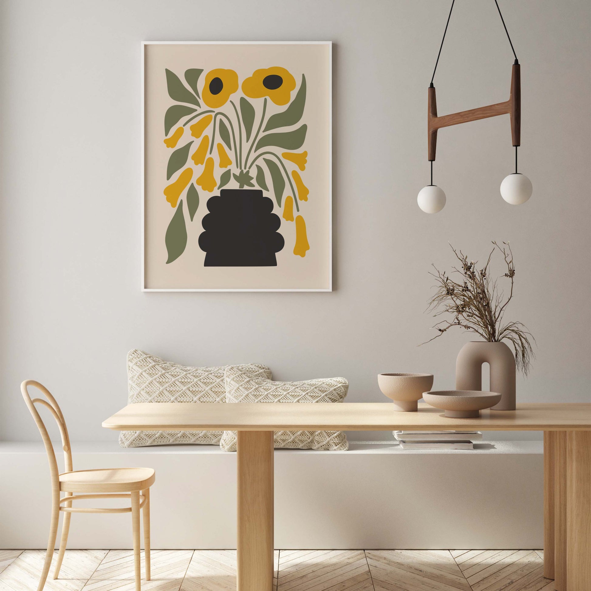 Green and yellow flower print in a minimalist style