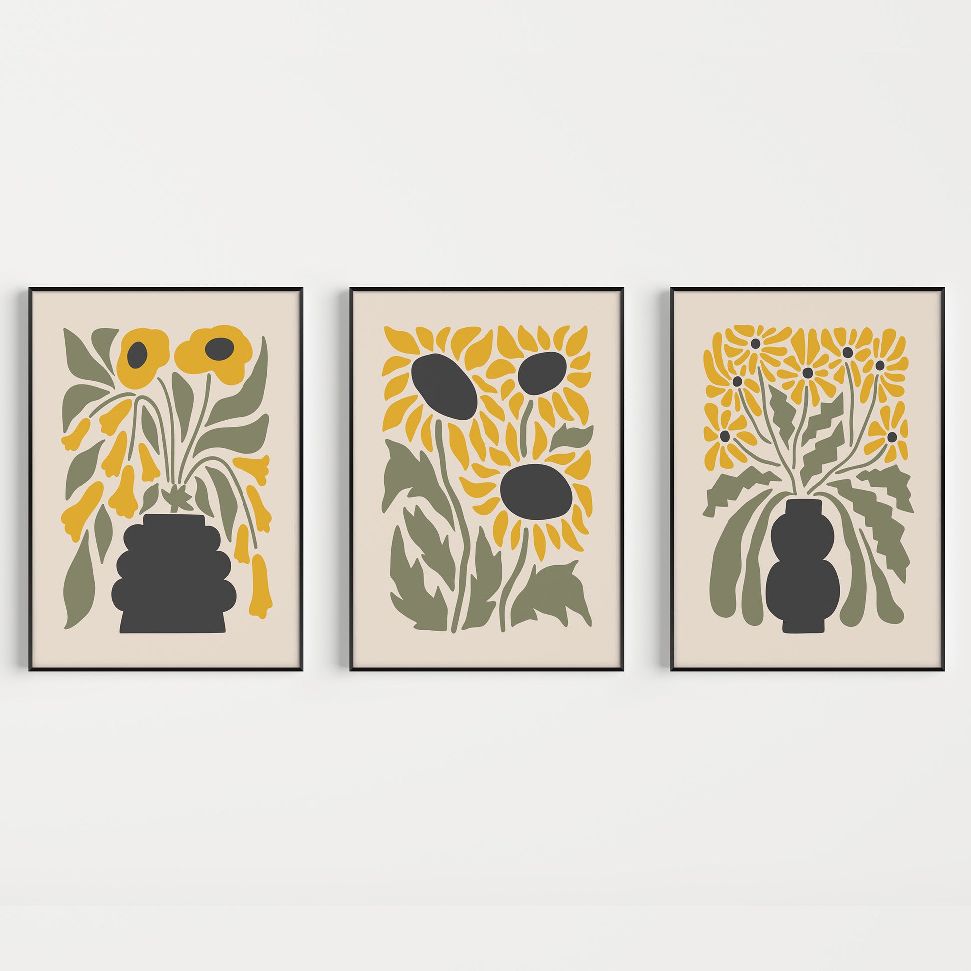 Green and yellow flower prints in a minimalist style, set of 3