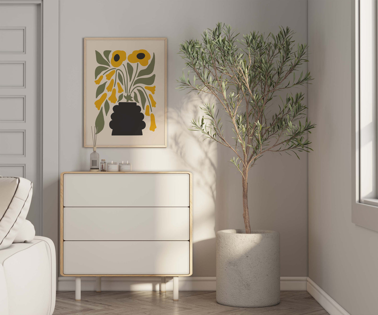 Yellow and green flower wall art print in a minimalist style