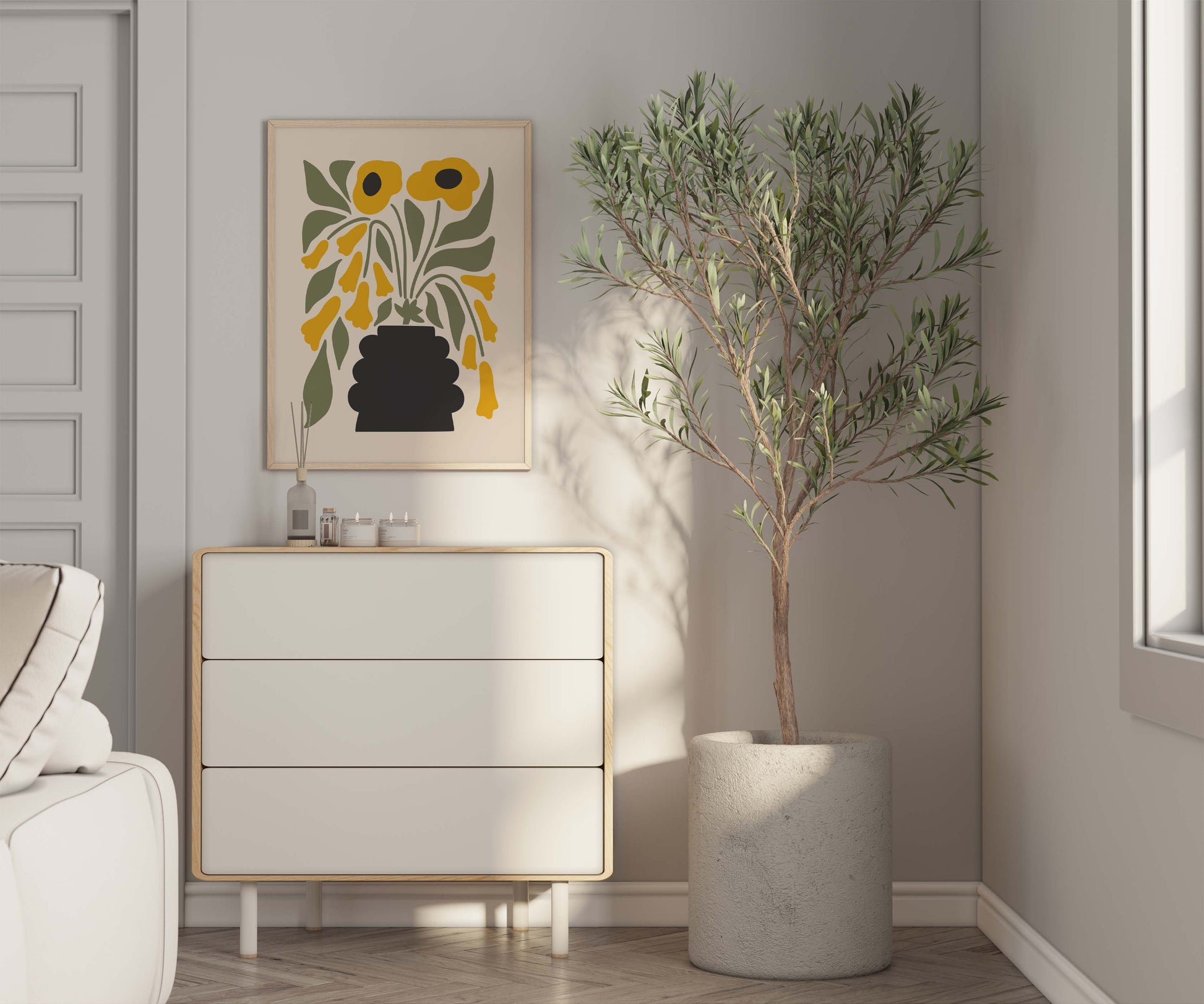 Flower wall art print in green and yellow with a minimalist style