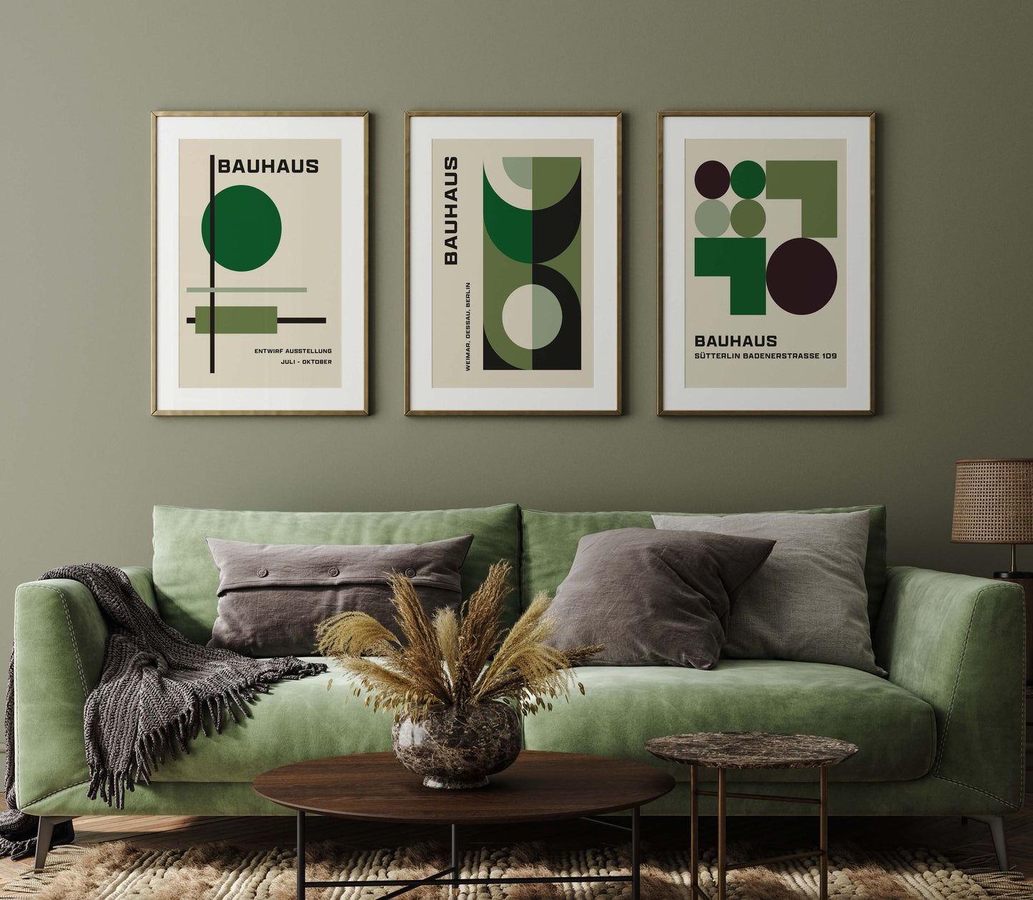 Bauhaus prints in green in a minimalist style, set of 3