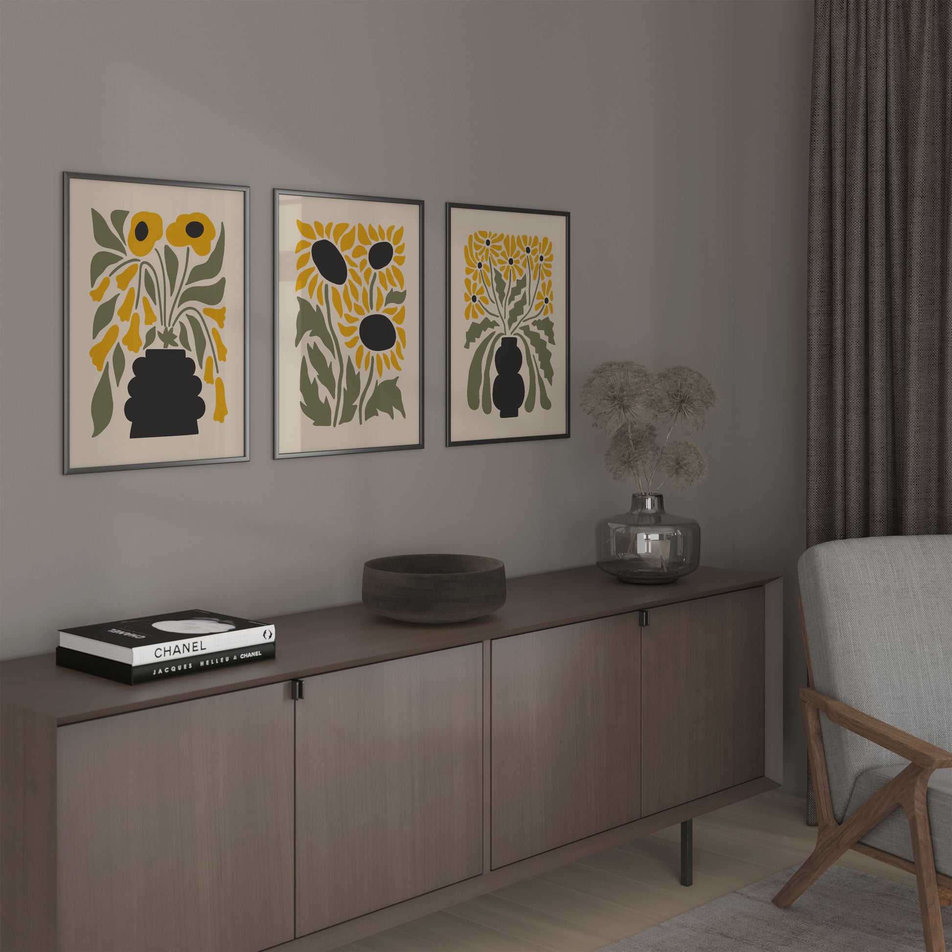 Mid century modern style flower wall art prints, in yellow and green