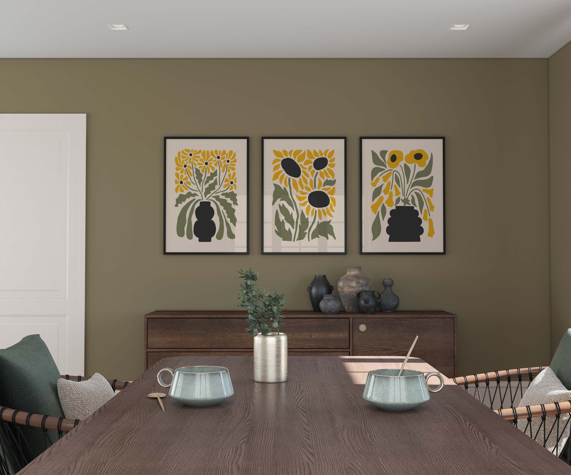 Minimalist flower prints in a set of 3, in green, yellow and black