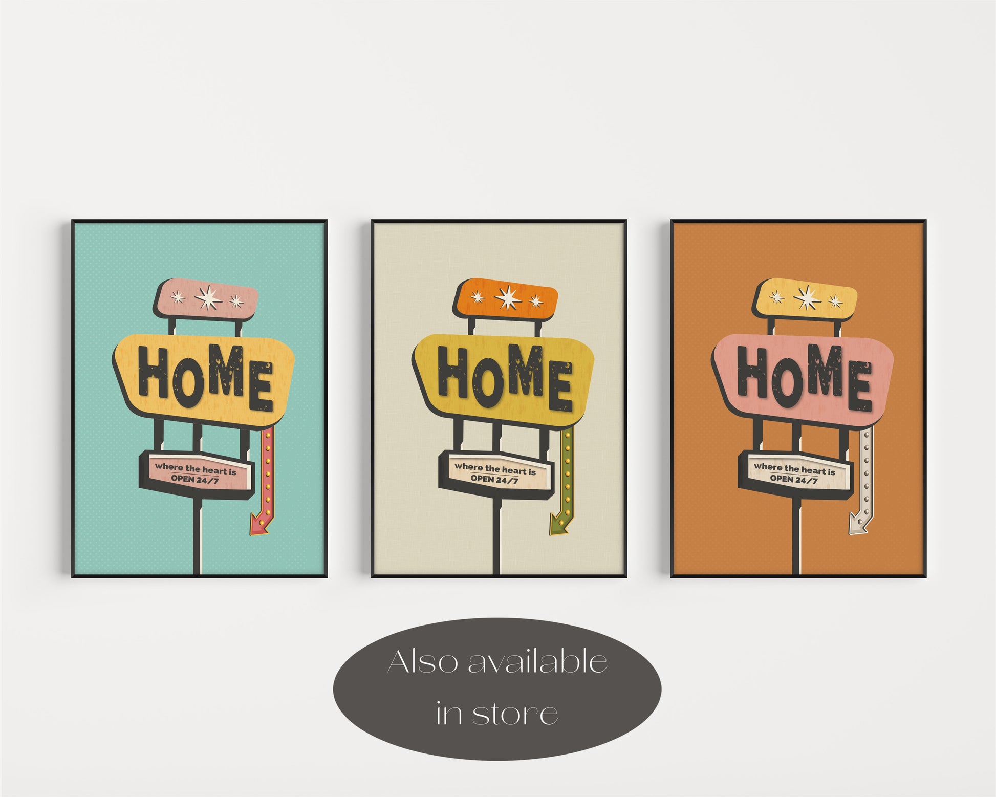 Available colours for the family home sign print, available in blue, beige and orange
